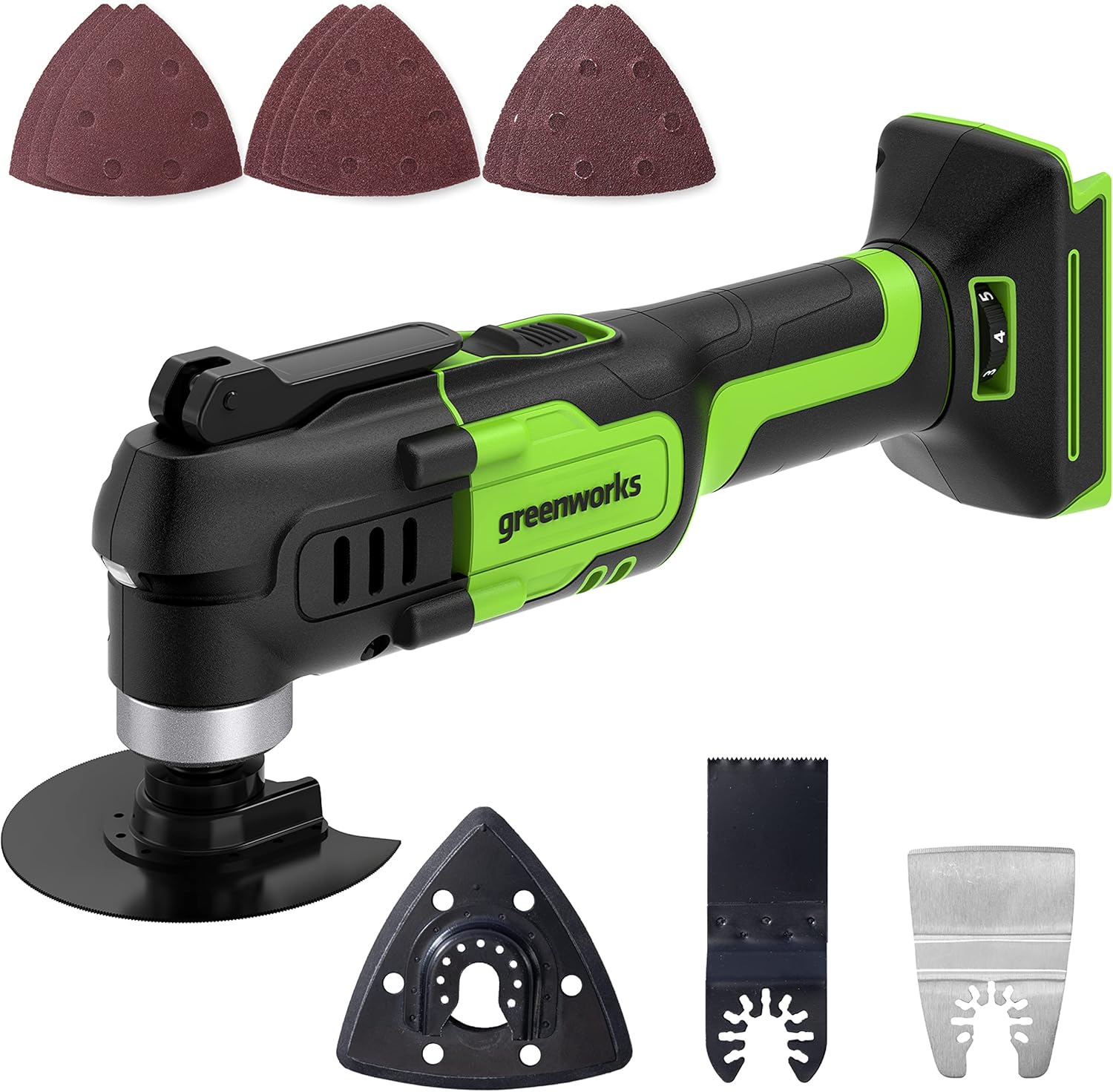Detalle de Greenworks G24MT multiherramienta a batteria oscillante con 6 velocità e 5 accessori (solo utensile)
