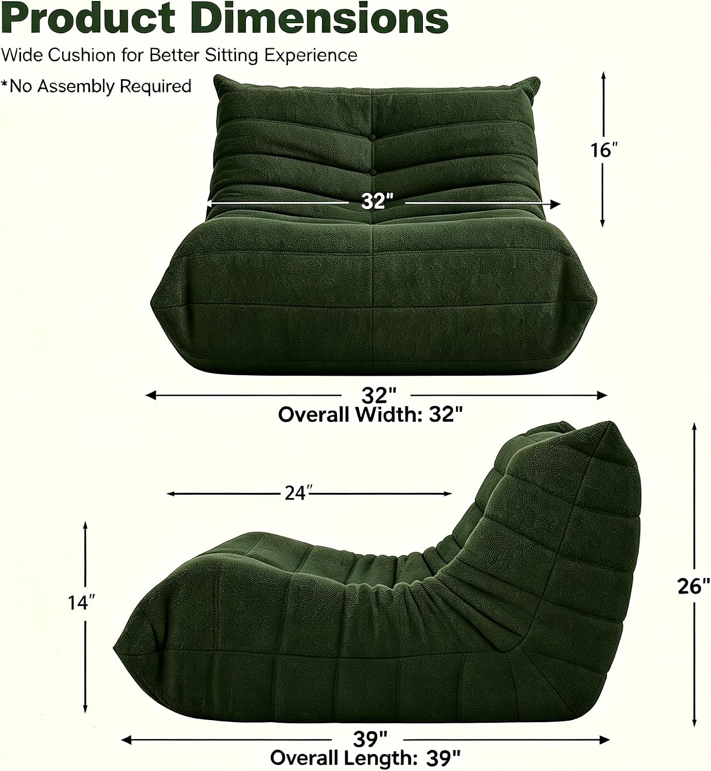 Detalle 2 de Bean Bag Chair Green memory foam support