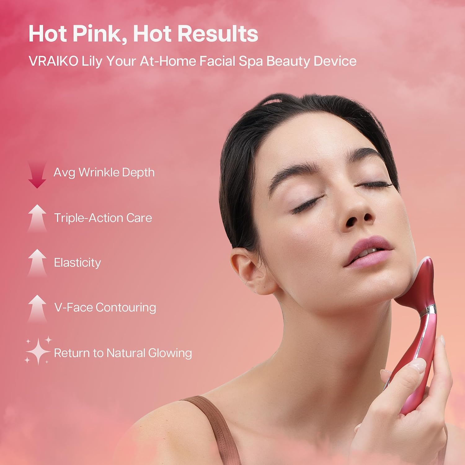 Detalle 2 de VRAIKO LILY Massaggiatore viso-collo: triple azione LED termico per sollevamento e rassodamento, Rosa intenso