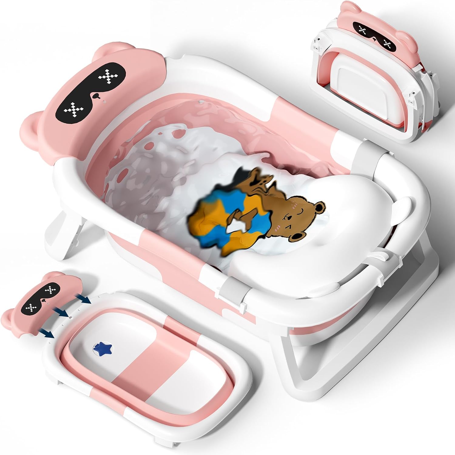 Detalle de COOSEYA foldable baby bath tub with soft cushion (0–18 months), portable space-saving travel option – Pink