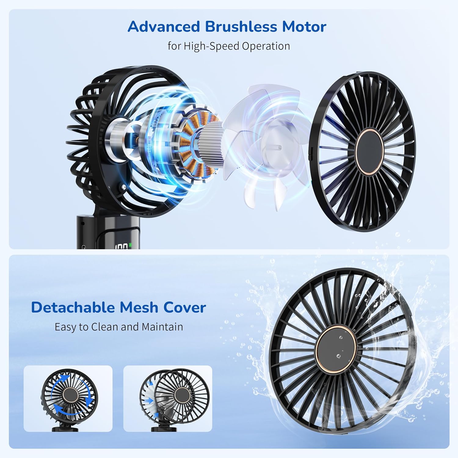 Thumbnail 2 de Morelax Handheld Fan: 6-Speed USB Rechargeable Personal Fan with 5200mAh Battery, 180° Foldable, 3-in-1 Desk/Neck/Handheld Use