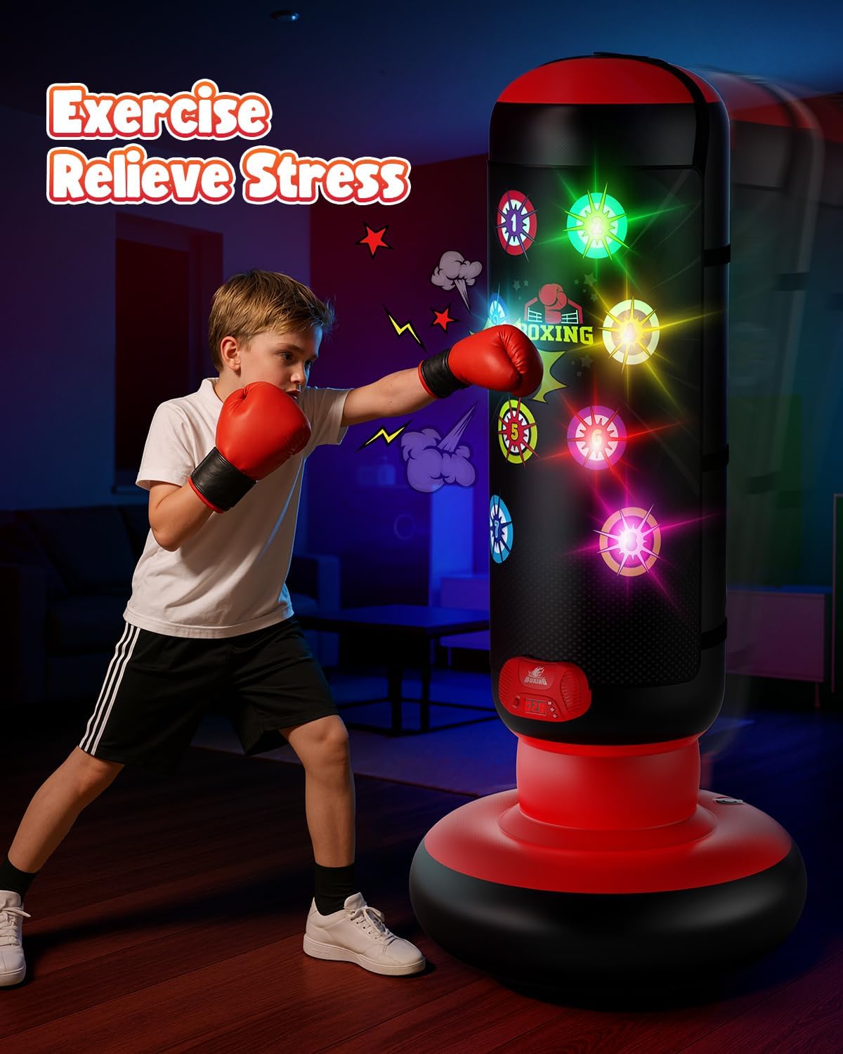 Thumbnail 2 de Kids Interactive Punching Bag with Music & Light, 4-Mode Boxing Game (Inflatable with Gloves)