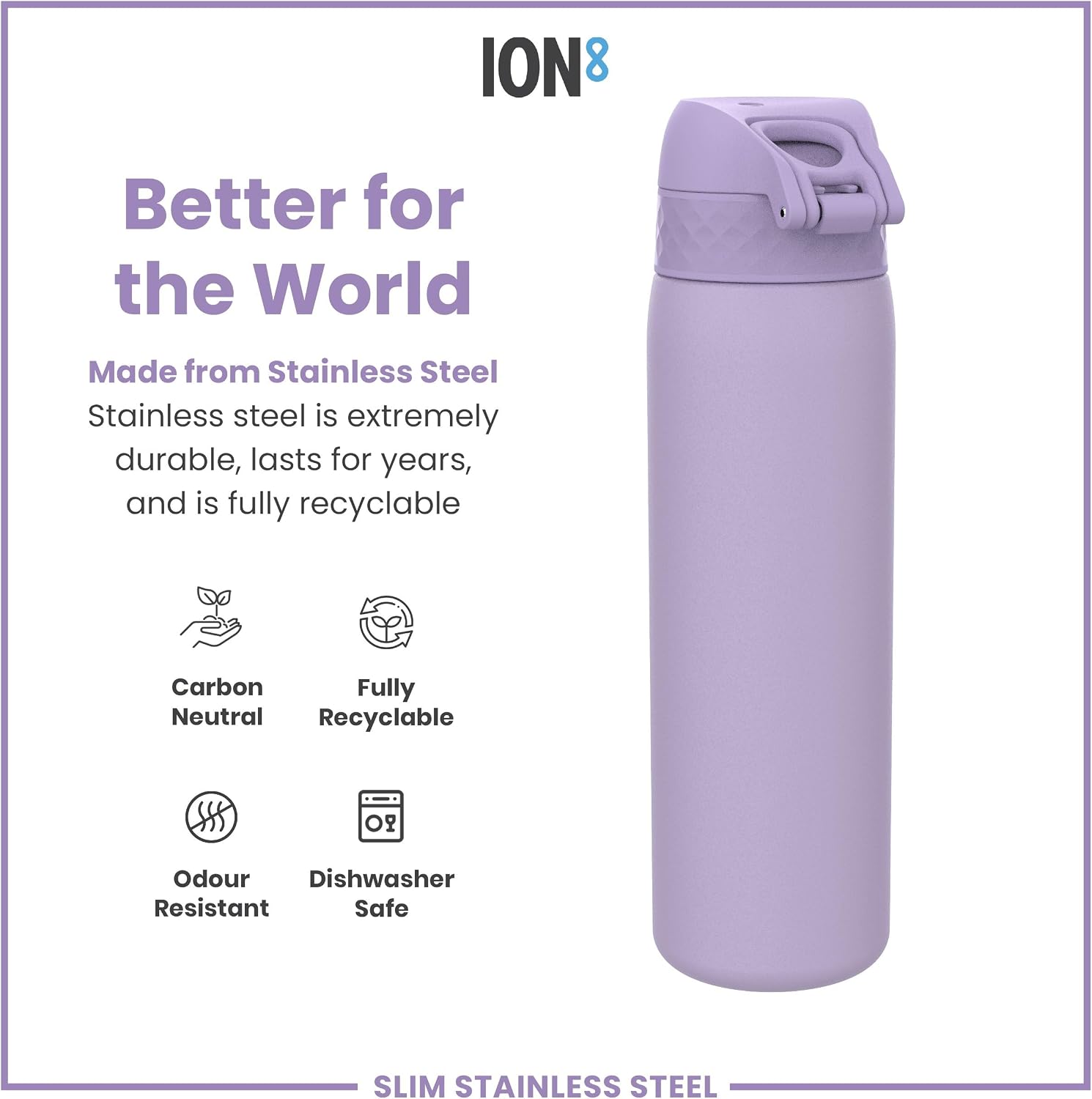 Detalle de Ion8 Lightweight Steel Water Bottle 600 ml / 20 oz – Non-Insulated, Leak-Proof & Dishwasher Safe (Light Purple)