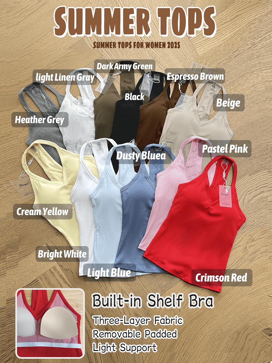 Detalle de Danysu V Neck Cotton Tank Tops with Built-in Shelf Bra – Sleeveless Cami