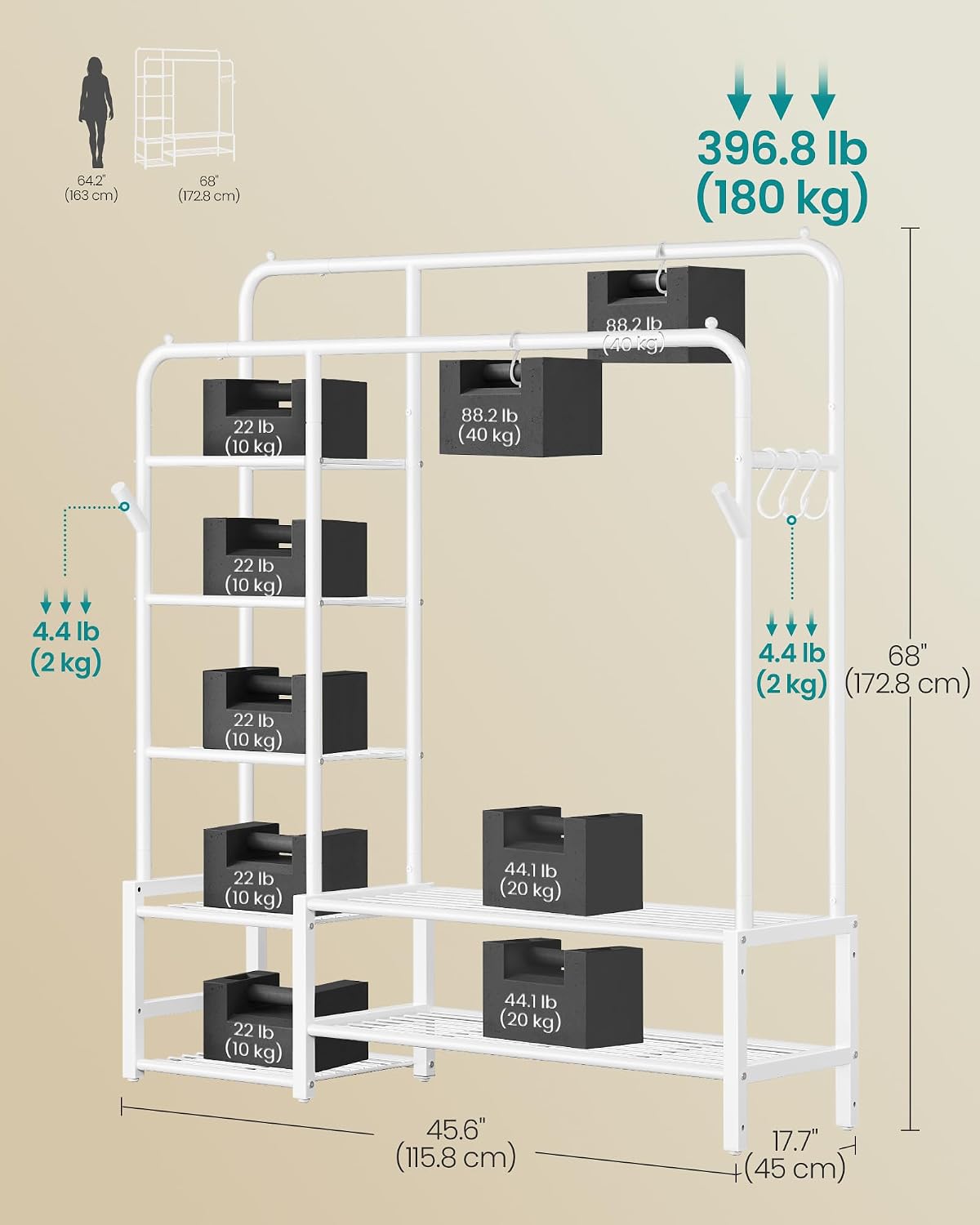 Detalle 2 de SONGMICS HSR182WG01 Clothes Rail with 7 Shelves and 4 Hanging Rails, Matte White