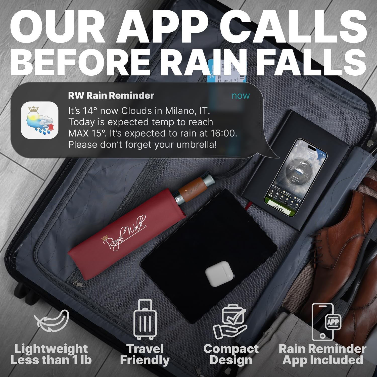 Thumbnail 5 de Royal Walk Windproof Folding Travel Umbrella with Real Wood Handle – Dark Red