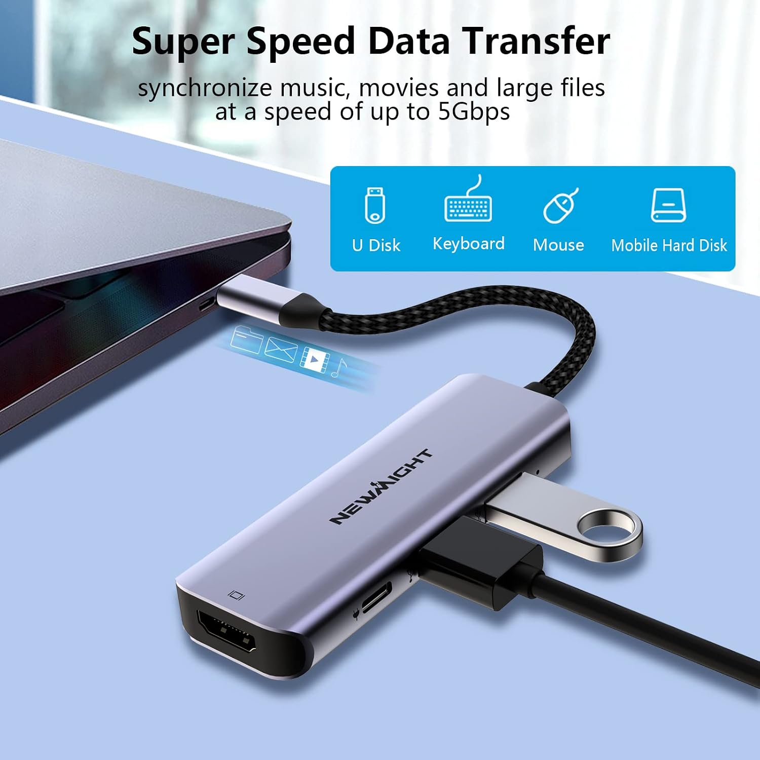 Detalle de Newmight 4-in-1 USB-C Hub with 100W Power Delivery and HDMI 4K (USB 3.0 + USB 2.0 ports)