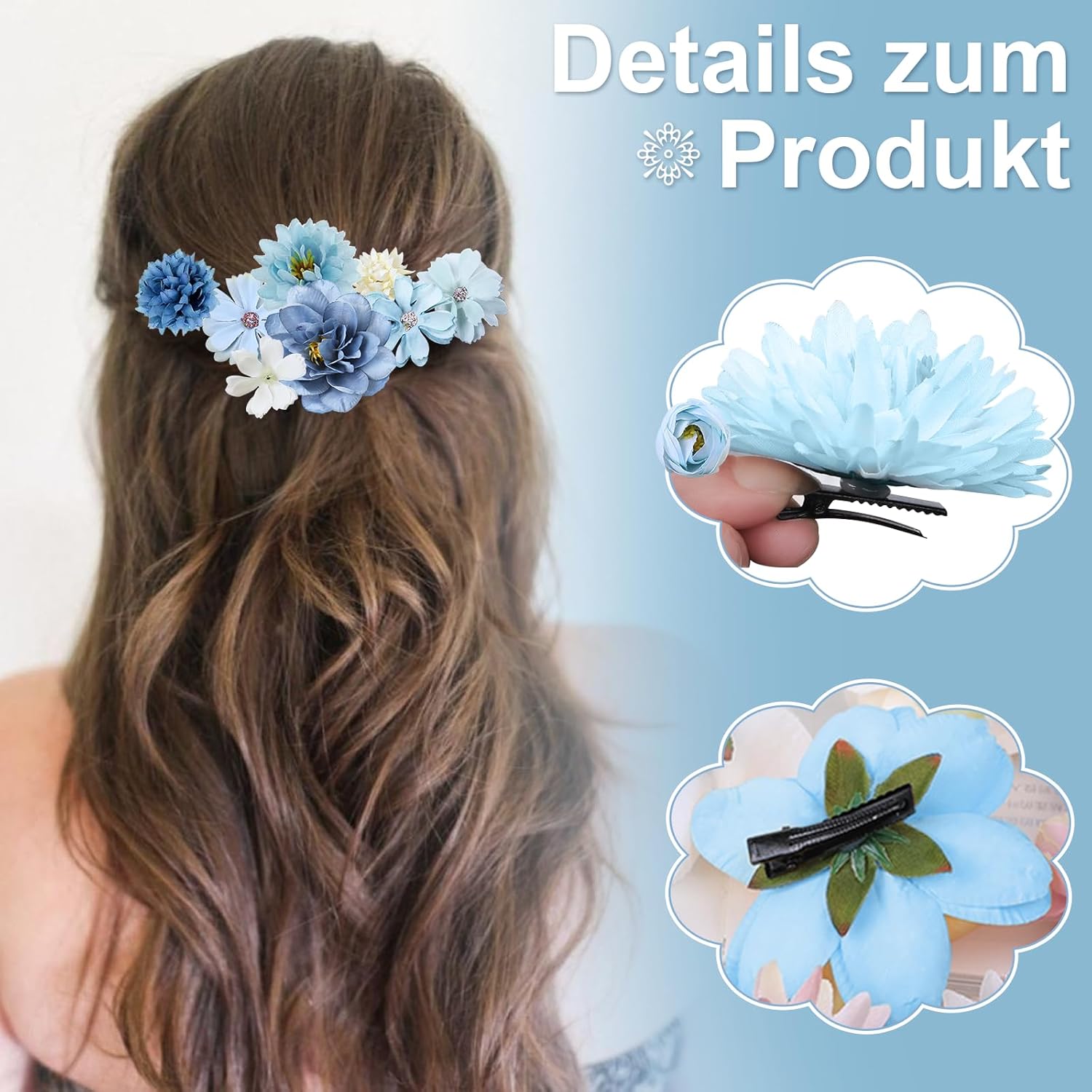 Detalle de Hurifeng Blumen-Haarklammer Blau – Haarschmuck-Blume für Damen und Mädchen