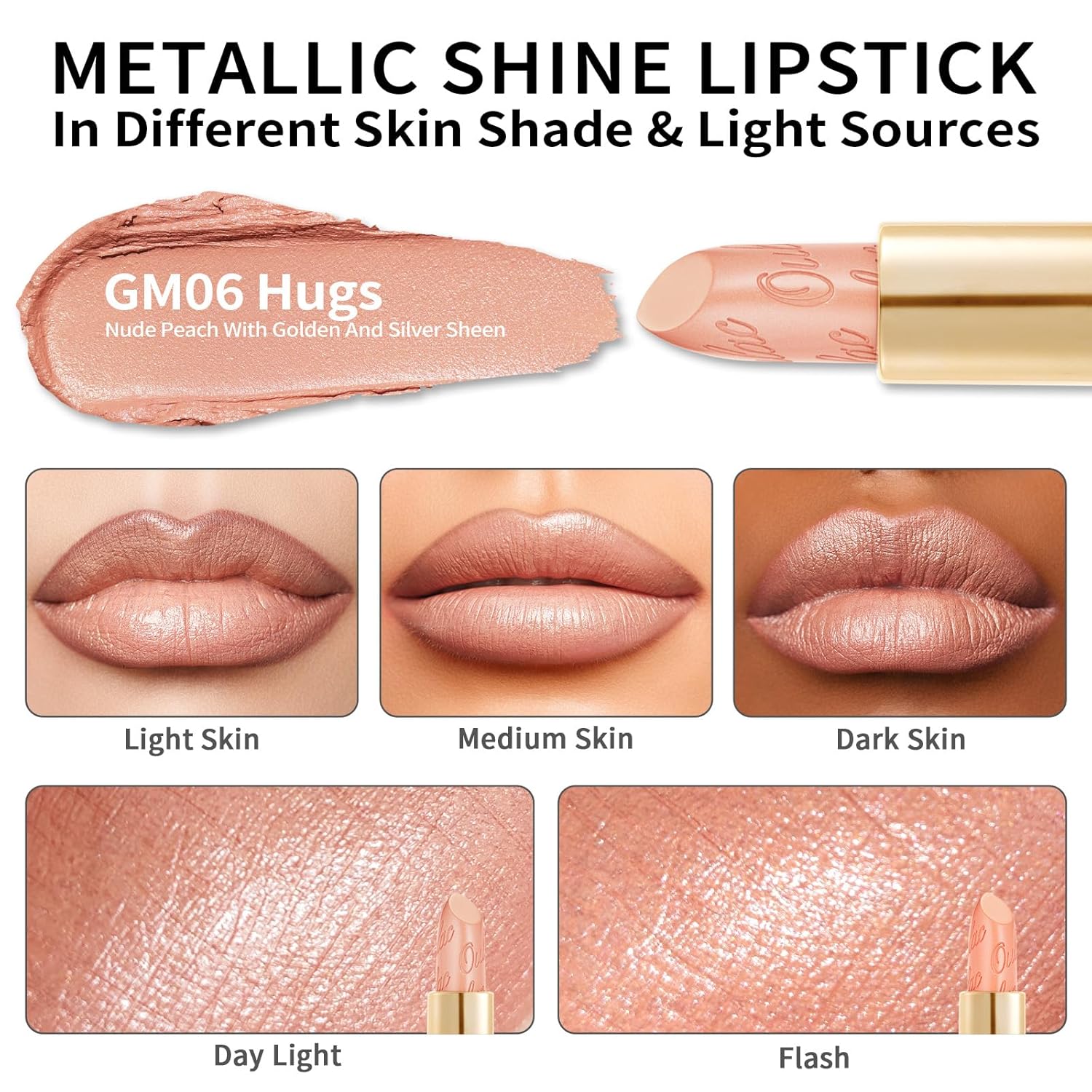 Detalle de Oulac Matte Lippenstift Metallisch Glänzend „GM06 Hugs“ – pflegend, vegan & mit metallic-glitzerndem Finish