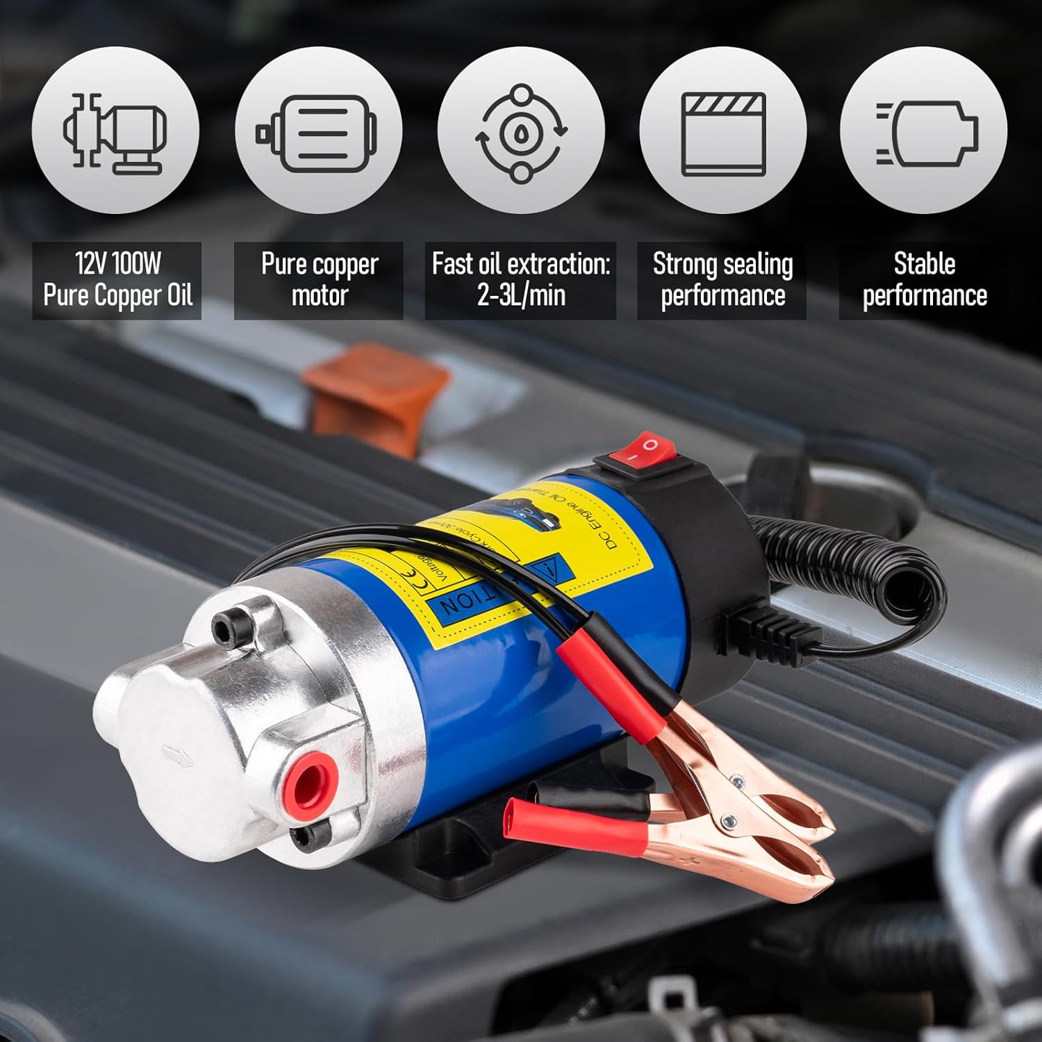 Detalle 2 de Oil Extractor Pump 12V 100W Ultra-Quiet Fluid Transfer Pump (3 Hoses + Adapters) for Engine Oil & More