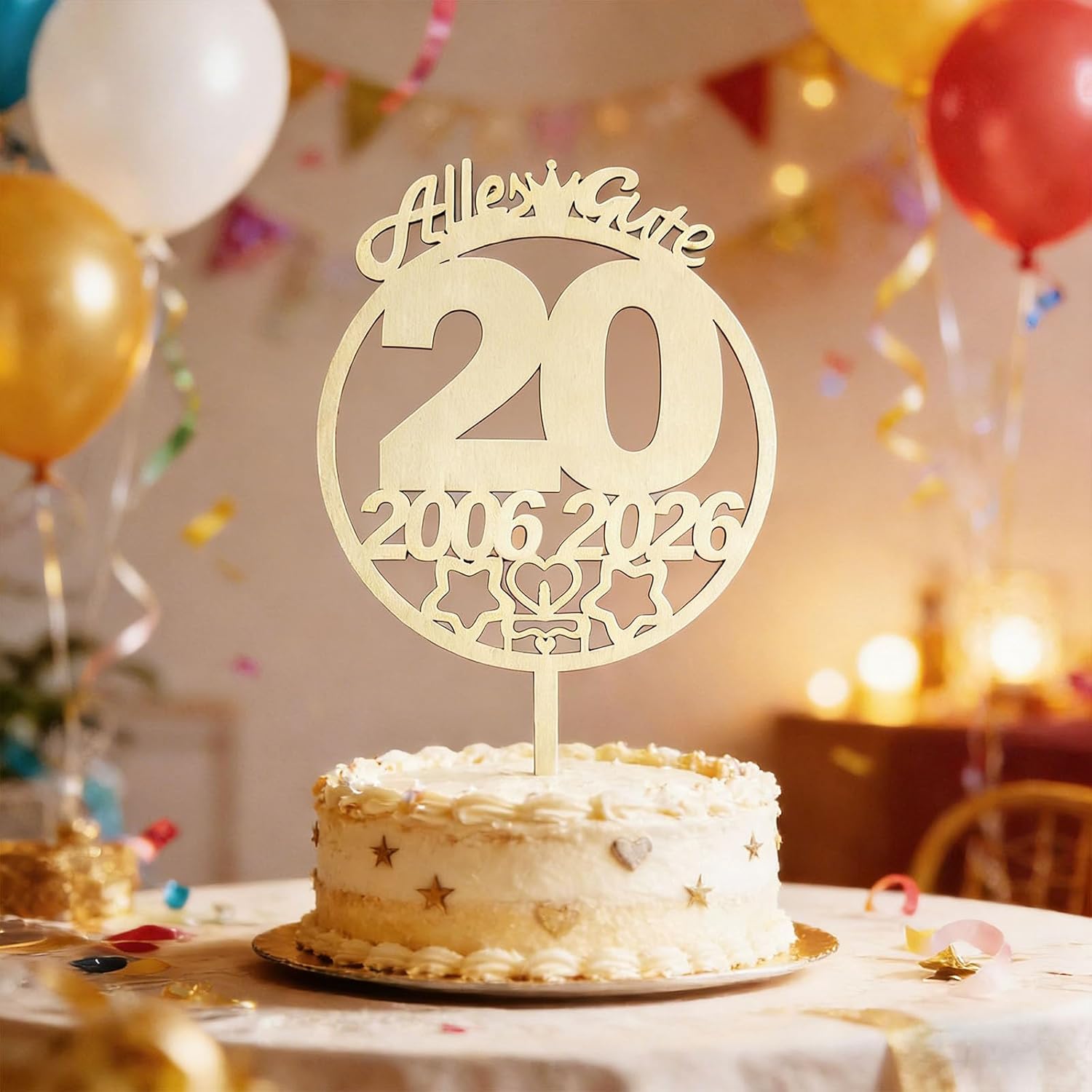 Thumbnail 2 de Seutgjie Tortendeko 20 Geburtstag – 27 x 13 cm Holz mit LED-Lichterkette (2006–2026), FSC-Holz