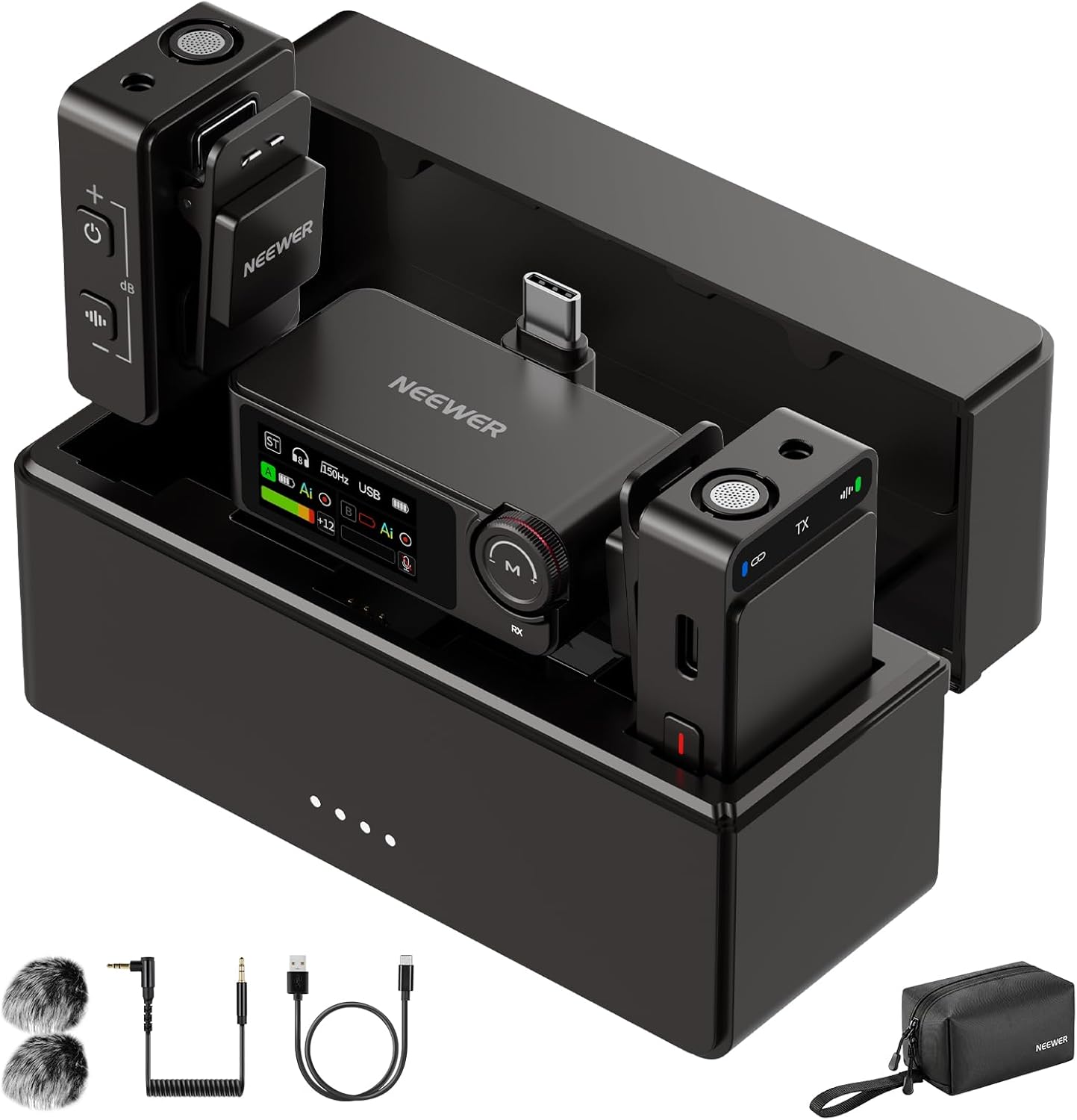 NEEWER CM36 Pro microfono wireless con cancellazione del rumore AI, memoria 8GB e portata 100m