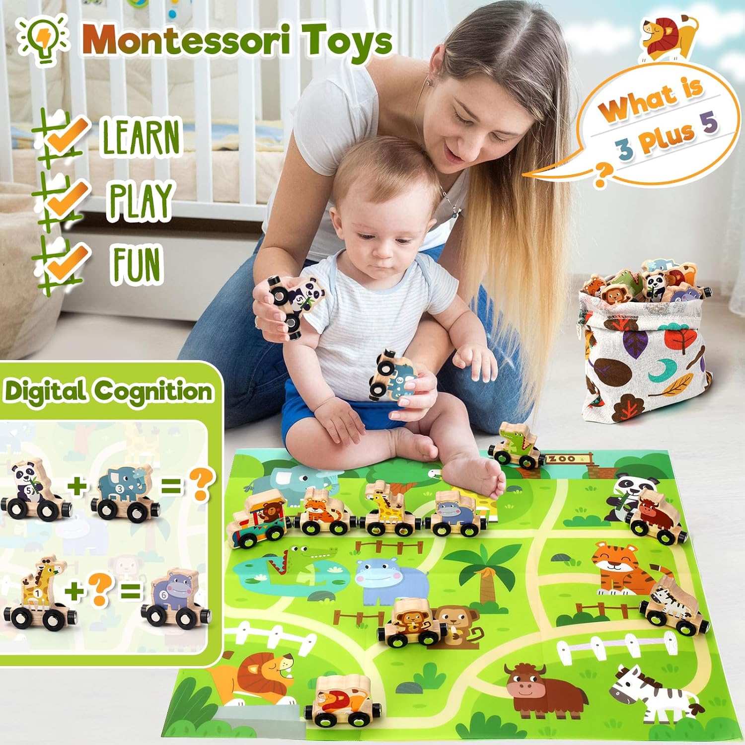 Detalle de WhizWinks Jouet enfant 2 ans : train magnétique en bois sur tapis de jeu, ferme et animaux (1-2-3-4 ans)