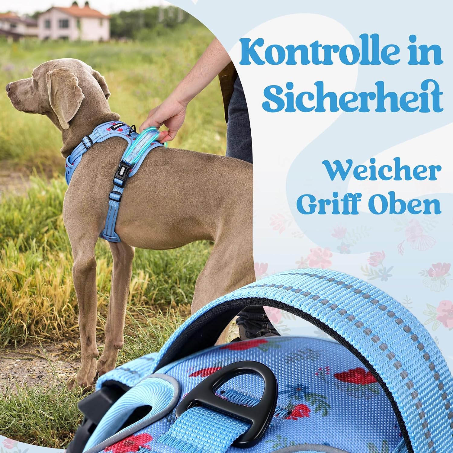 Detalle 1 de rabbitgoo Hundegeschirr für große Hunde (verstellbar, Anti-Zug) – mit Griff, reflektierend, weich gepolstert – Blumen Blau L