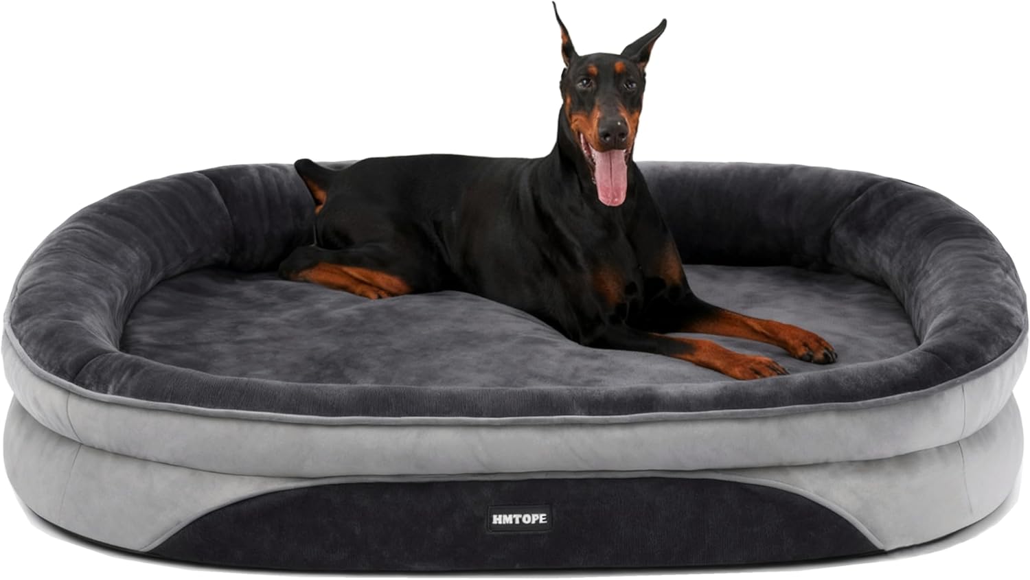 HMTOPE Orthopädisches Hundebett (Hundesofa) mit Nackenrolle, abnehmbar & waschbar, 122 x 90 x 19 cm – Dunkelgrau