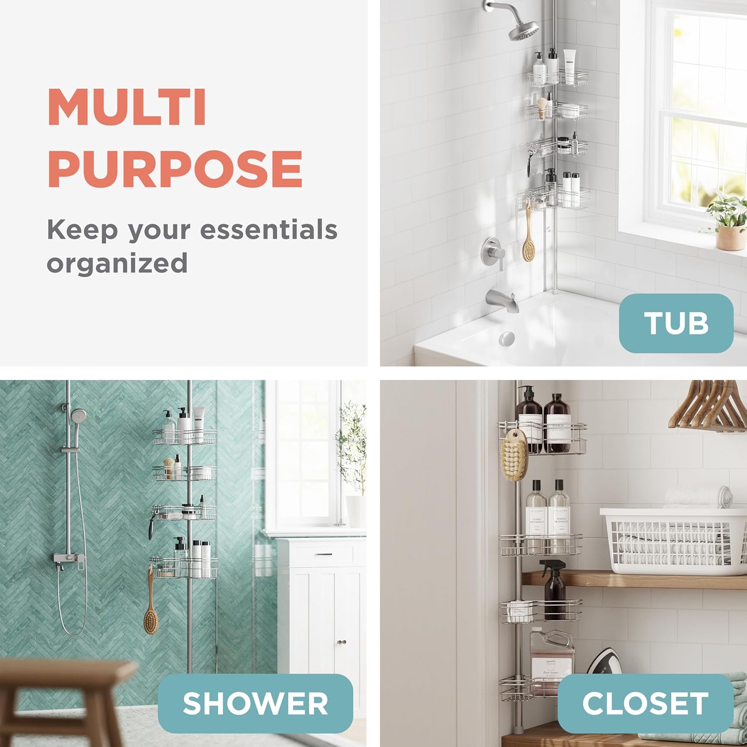 Thumbnail 6 de Zenna Home Tension Pole Shower Caddy Corner Organizer: Adjustable, Rust-Resistant Bathroom Storage