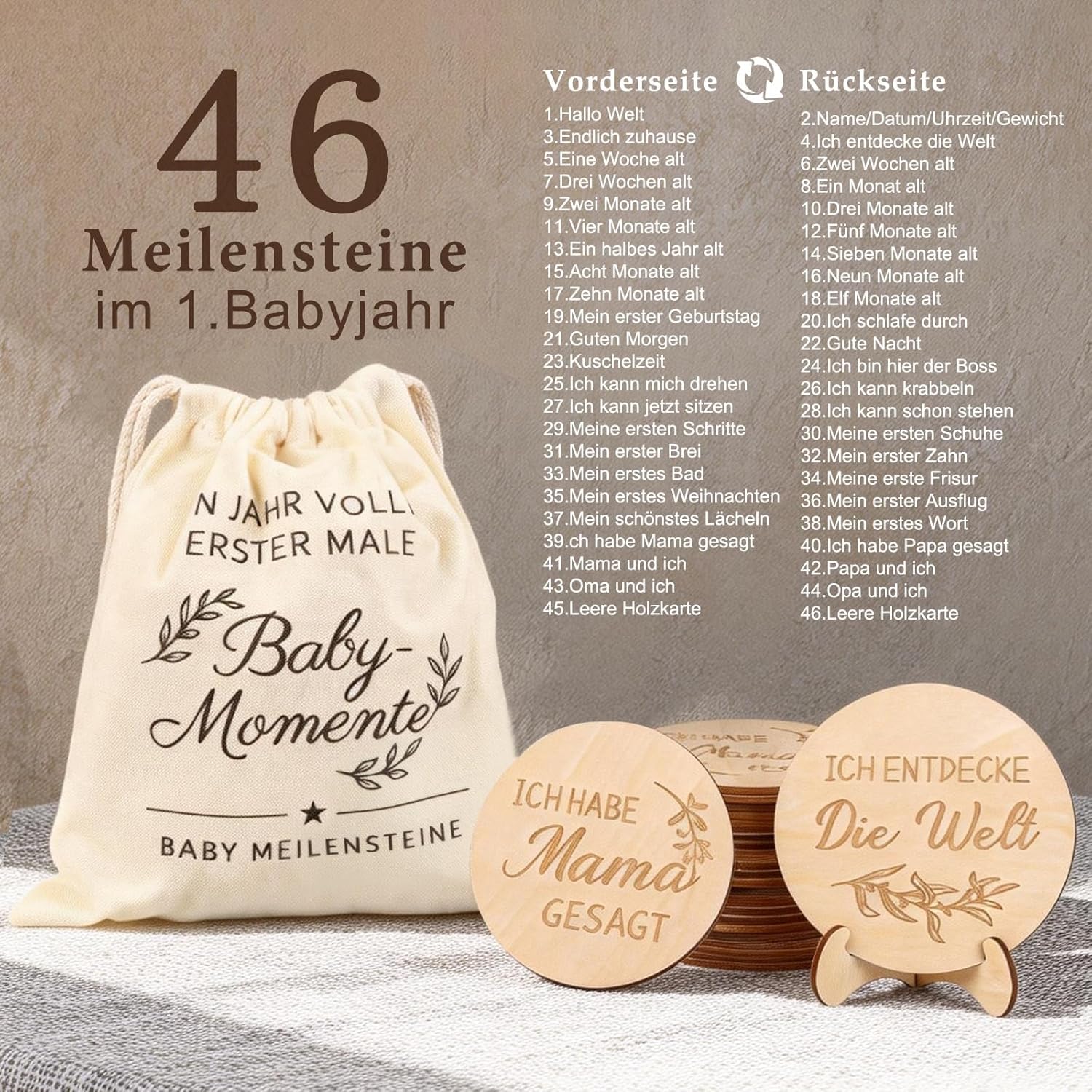 Thumbnail 4 de Giftota 46 Holz-Meilensteinkarten Baby – inkl. Ständer & Stoffbeutel, FSC-Holz, Deutsch