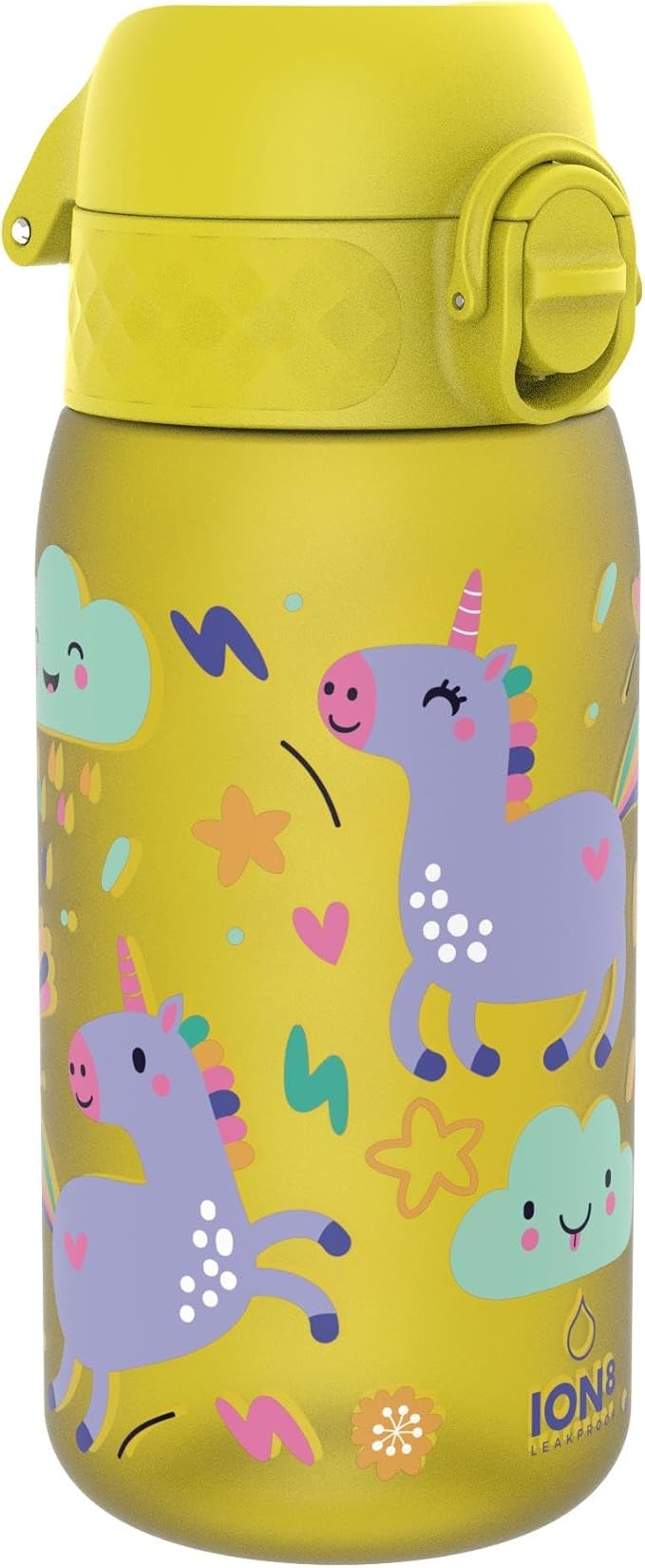 Detalle de ion8 Botella de Agua para Niños 350ml Antigoteo Unicornios Amarillo 🦄