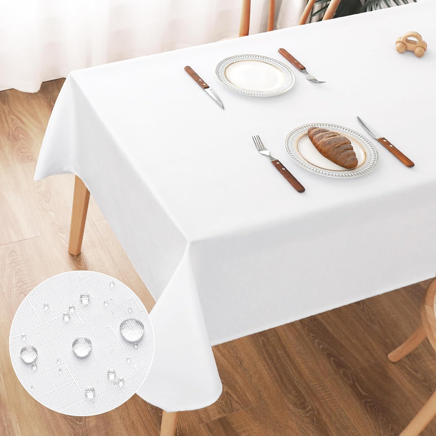 Detalle de AooHome Tischdecke abwaschbar in Weiß (Leinen-Optik), 100x140 cm, wasserabweisend