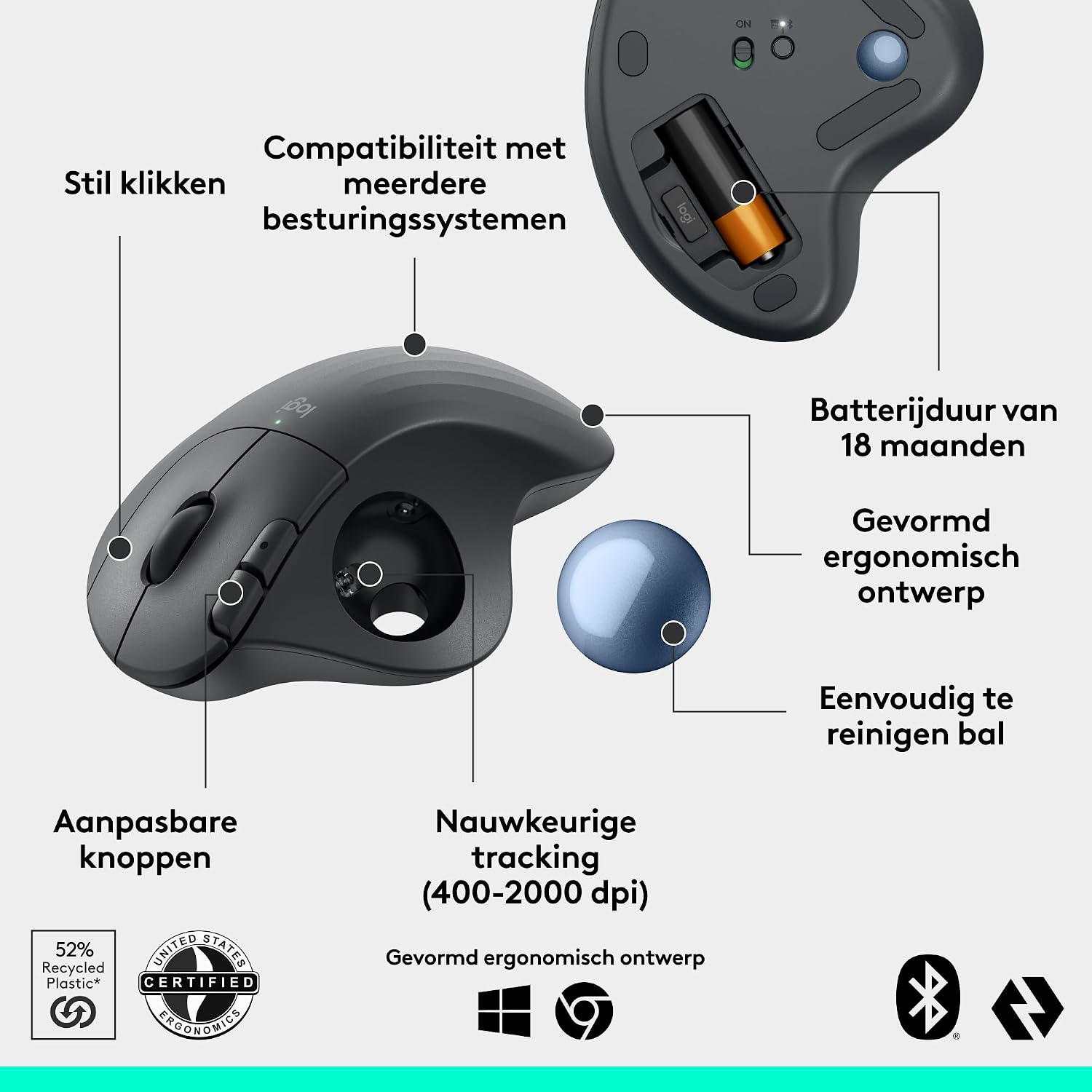 Detalle de Logitech ERGO M575S 910-007029 draadloze trackballmuis met Bluetooth en Logi Bolt