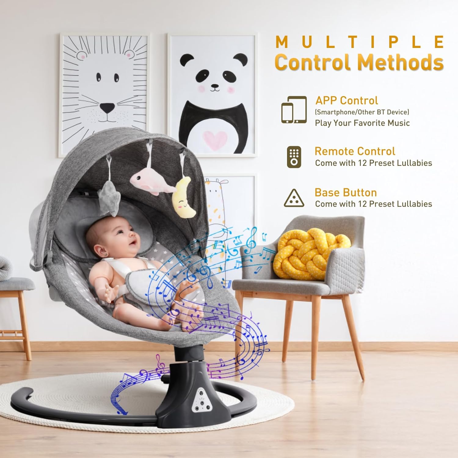 Detalle de Kisdream Baby Swing Chair with Bluetooth Remote – Cordless 5-Speed, 12 Lullabies, 3 Angles, 5-Point Harness