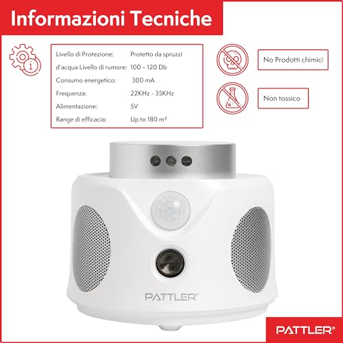 Detalle 2 de PATTLER Dissuasore Ultrasuoni per Topi – Repellente 360° 3 Modalità, copertura 180 m², interno/esterno