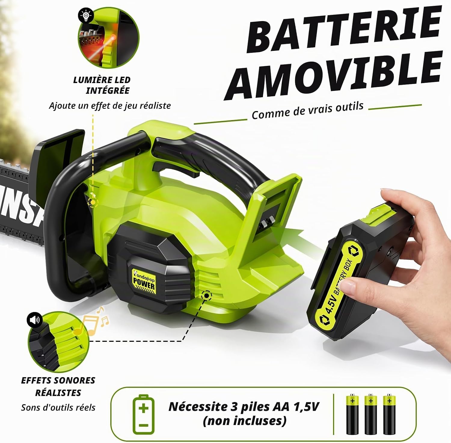 Detalle 1 de Pandapop T2039 2-in-1-kinderkettingzaag met licht, geluid en accessoires