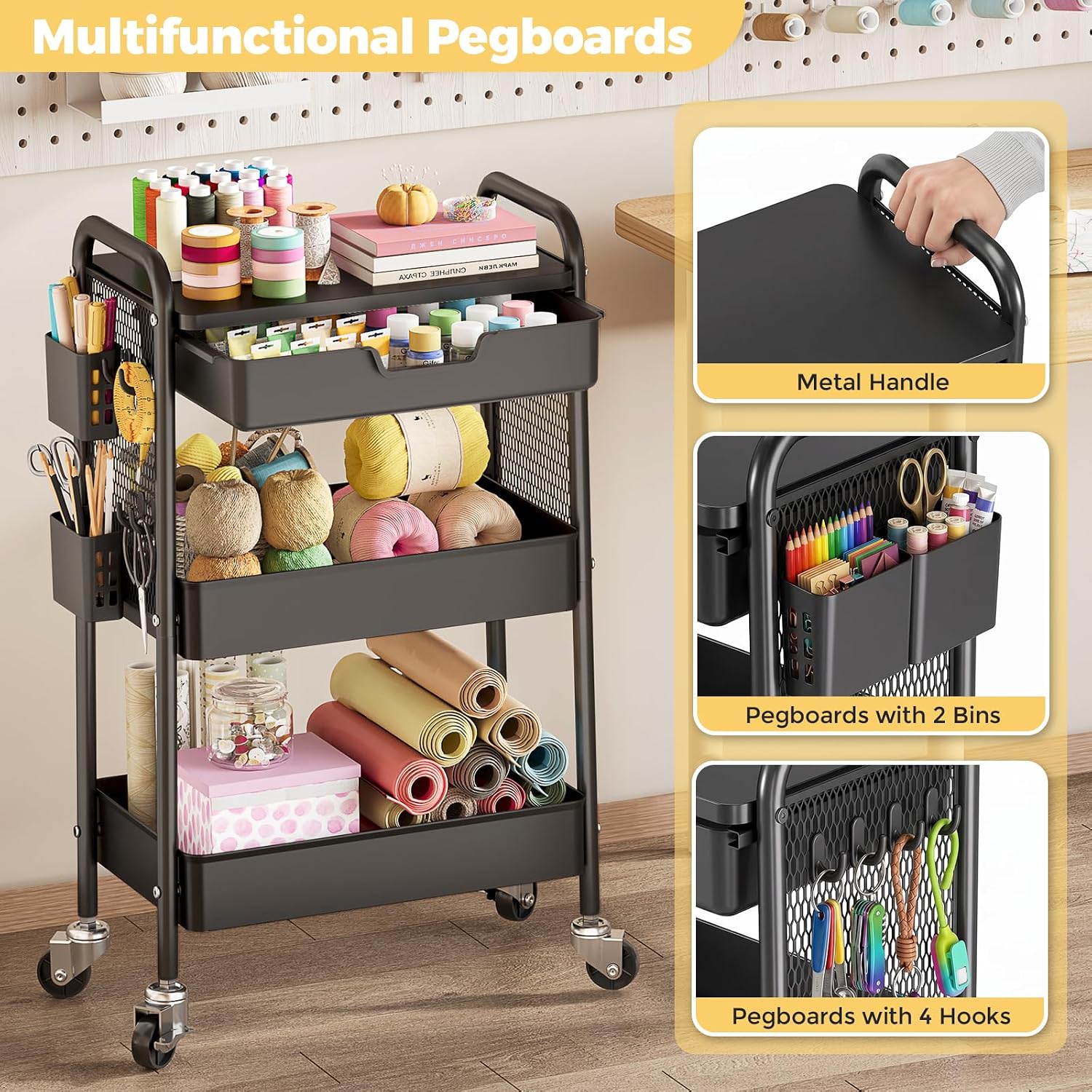 Detalle de KINGBOARD RY810536 3-Tier Metal Rolling Cart with Drawer, Hooks and Locking Wheels