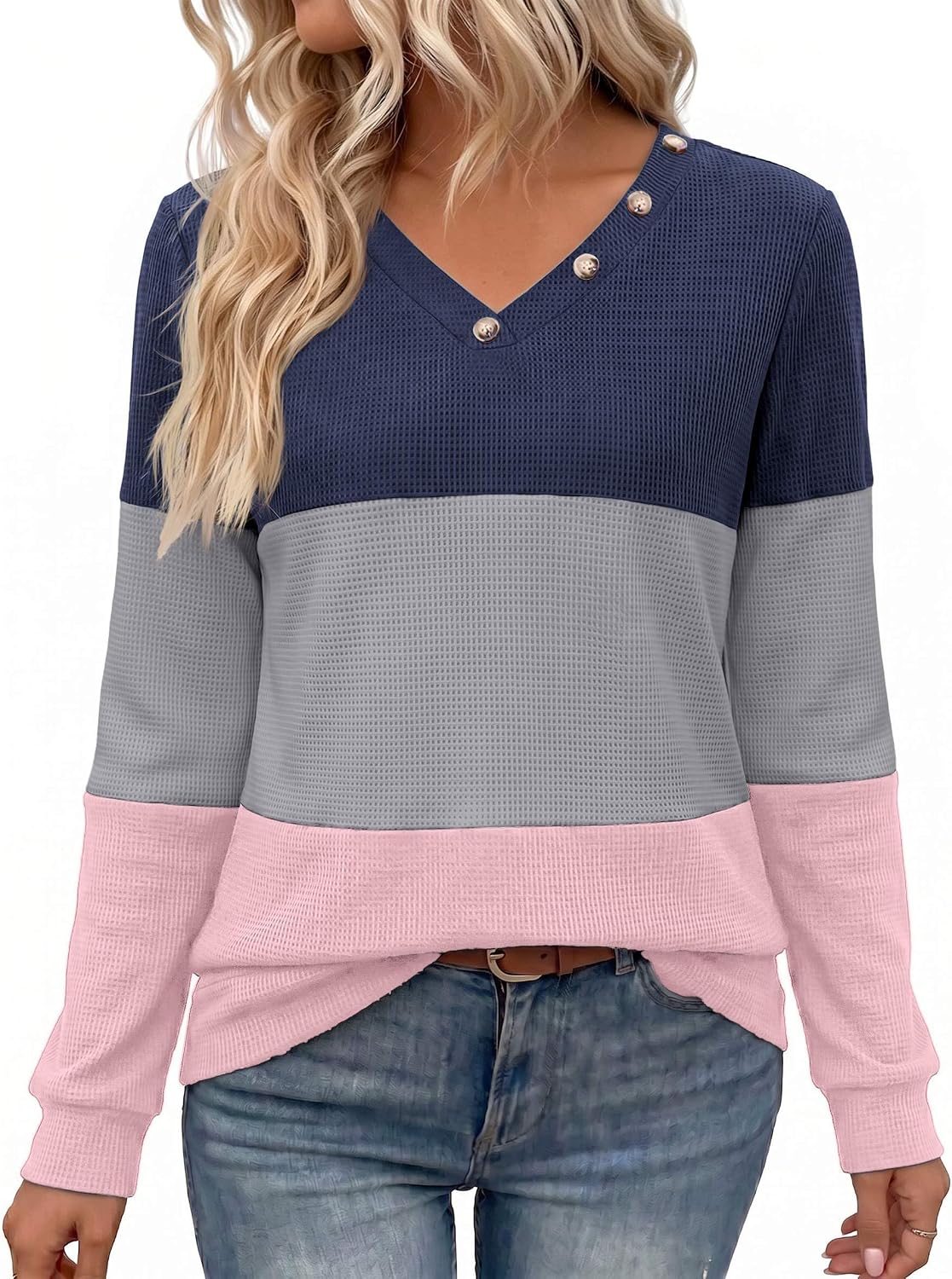Detalle de Zeagoo Waffle Knit V-Neck Tunic Top 🔖