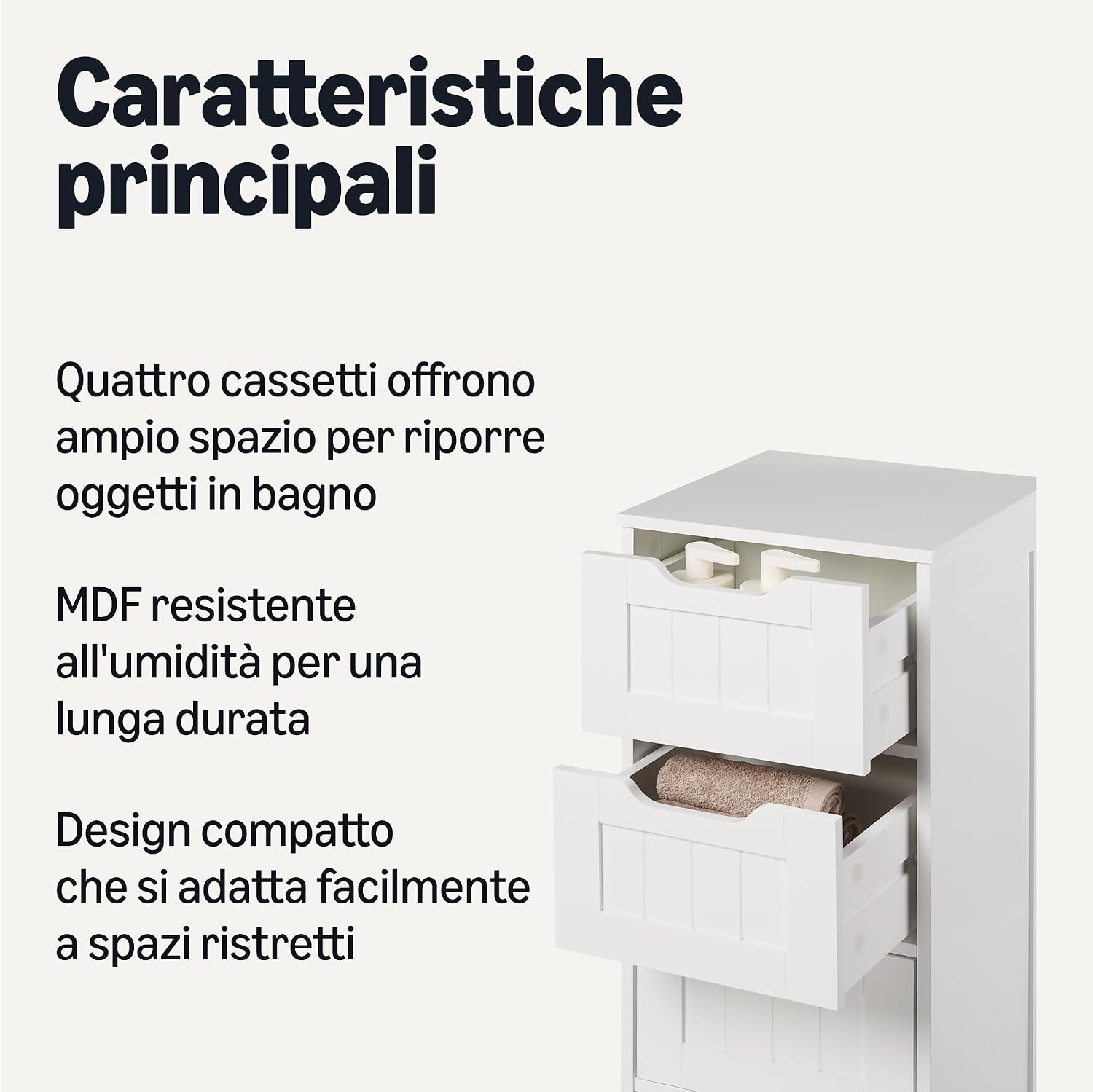 Detalle 1 de Amazon Basics Mobile da Bagno con 4 Cassetti | Mobile Sottolavabo in MDF Bianco, 30x30x82 cm