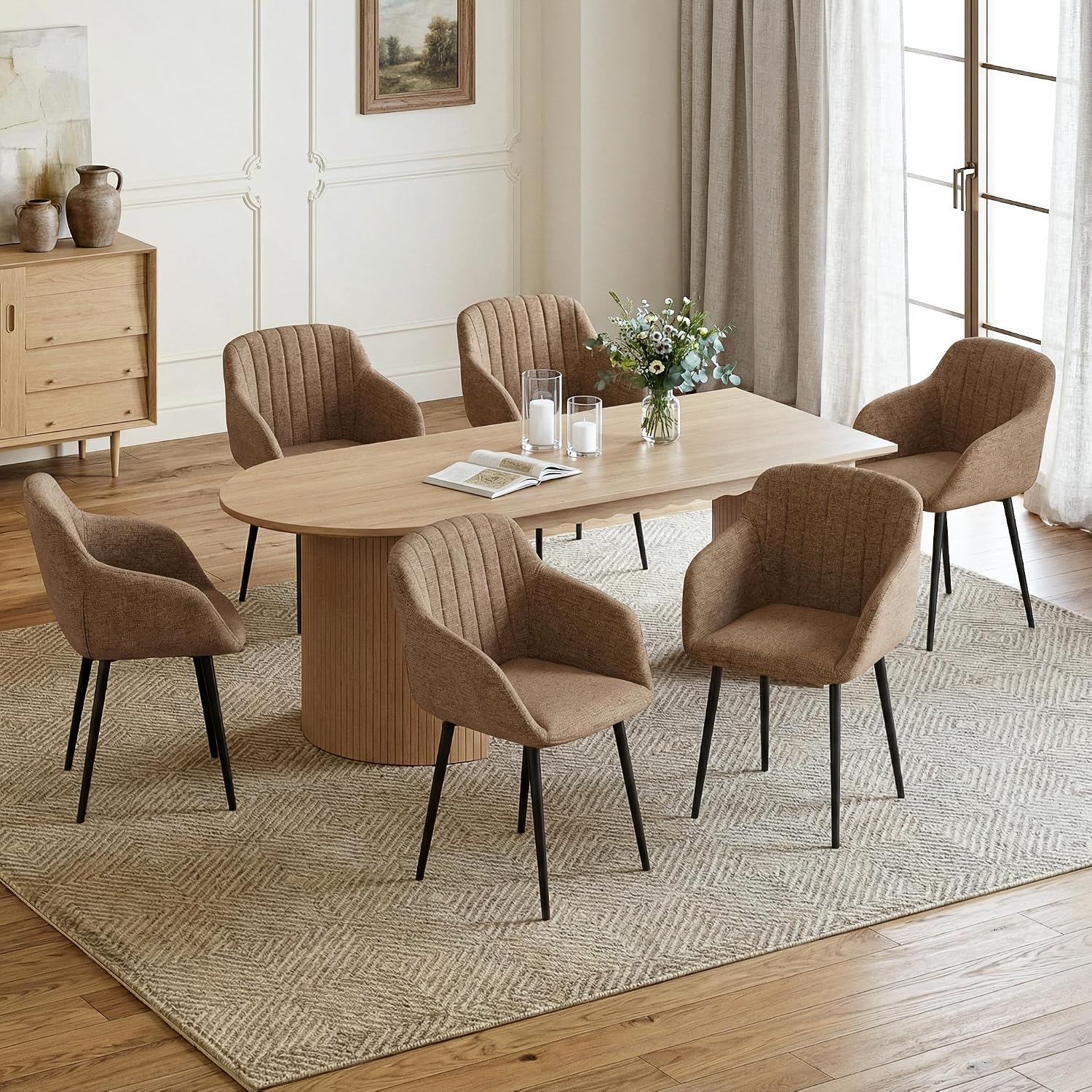 Thumbnail 1 de Goeurvant Set da 6 sedie da pranzo con braccioli in ciniglia marrone moka – eleganza e comfort per tavolo domestico