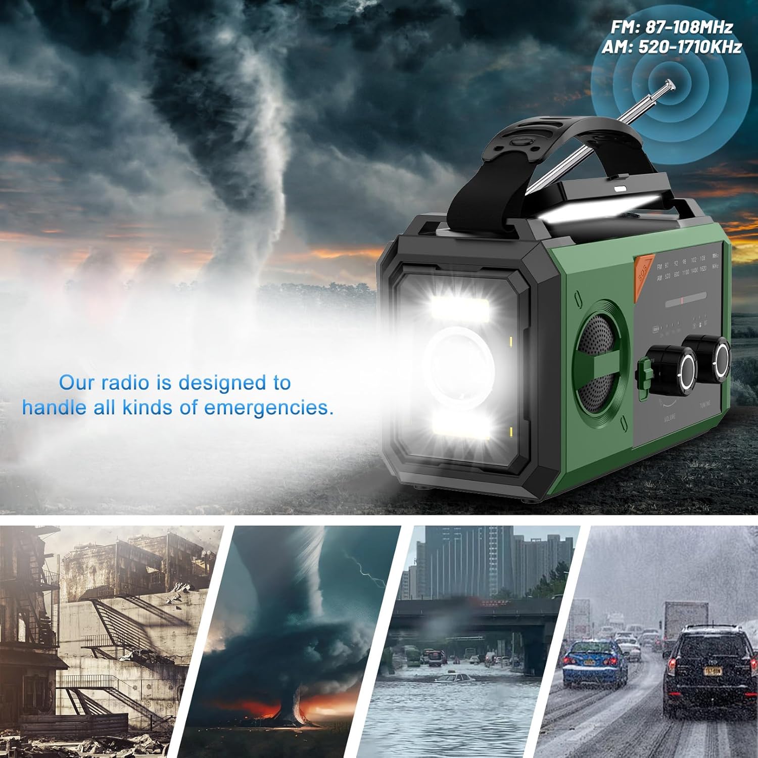 Detalle de Radio a Manovella 27000mAh con Bluetooth e 8 funzioni: BIAOQINBO AM/FM, emergenza e outdoor