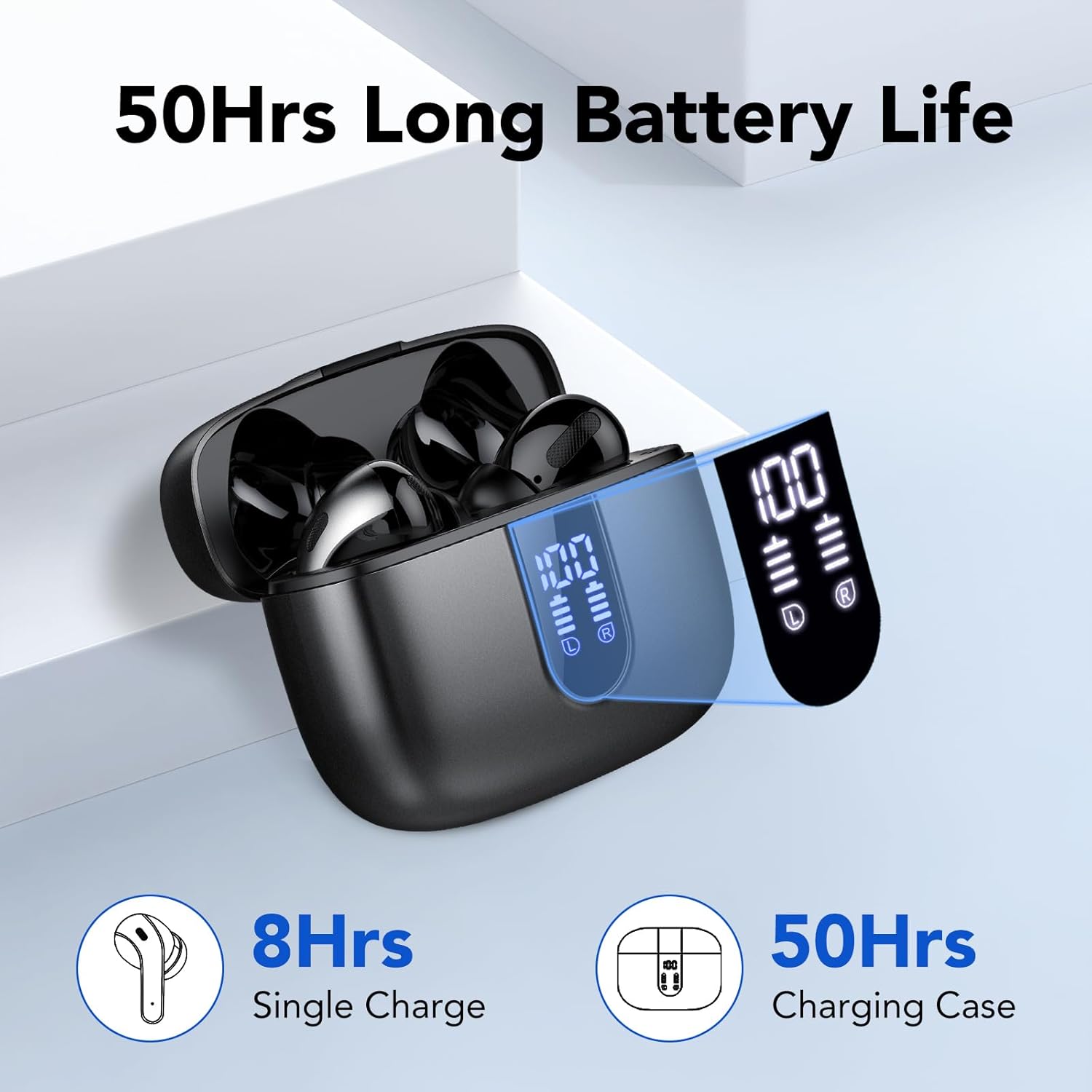 Detalle de IKT Auricolari Bluetooth 5.3 in-ear con display LED e microfoni ENC (50 ore) Nero