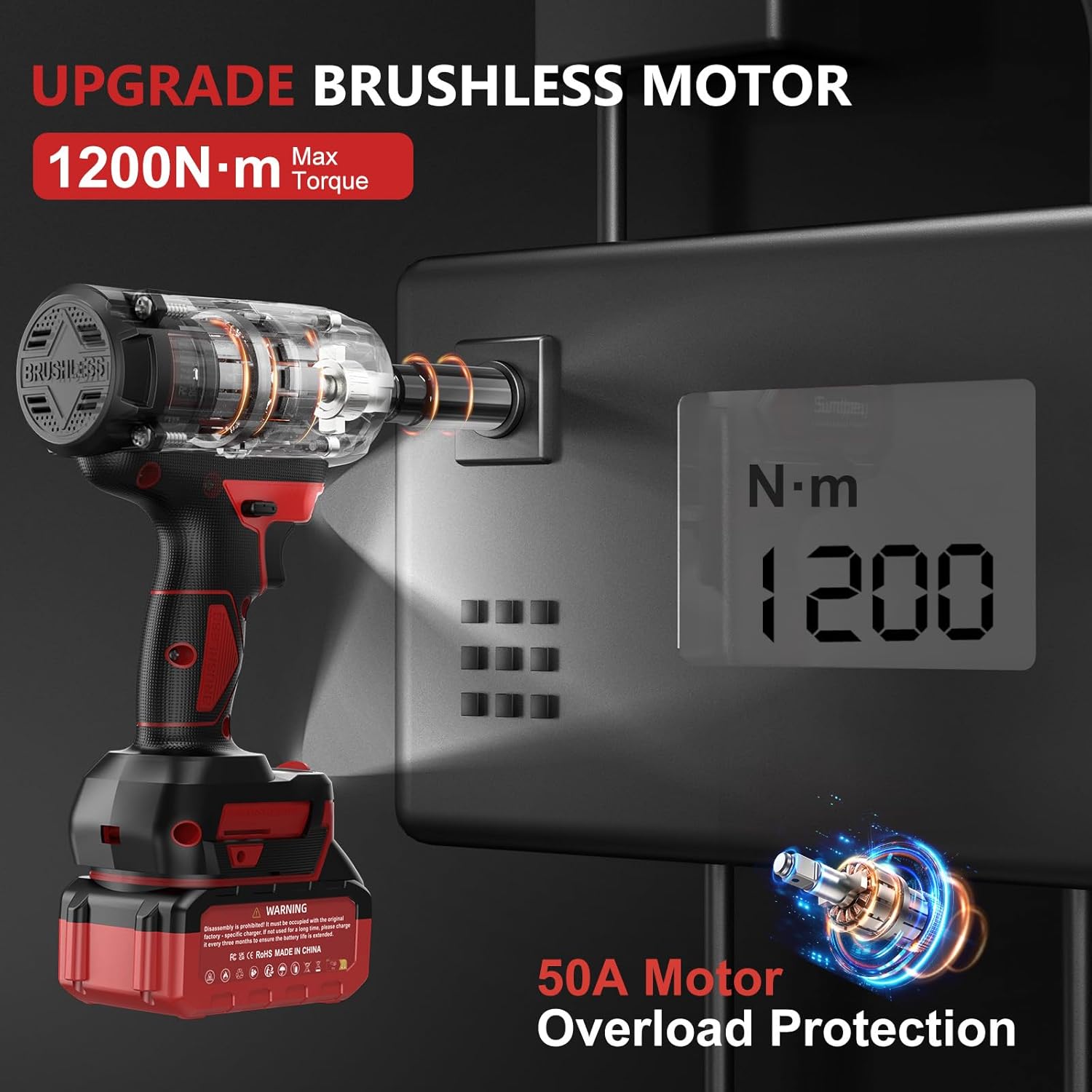 Thumbnail 1 de Sundpey Cordless Impact Wrench 1200N·m (900Ft-lbs) 1/2in with 2 x 4000mAh batteries