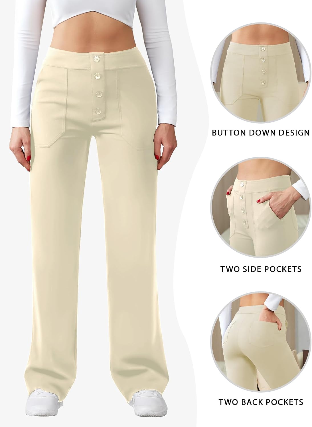 Thumbnail 3 de Friptspyg Pantalon femme taille haute large, boutonnage et jambes droites – casual travail stretch avec poches