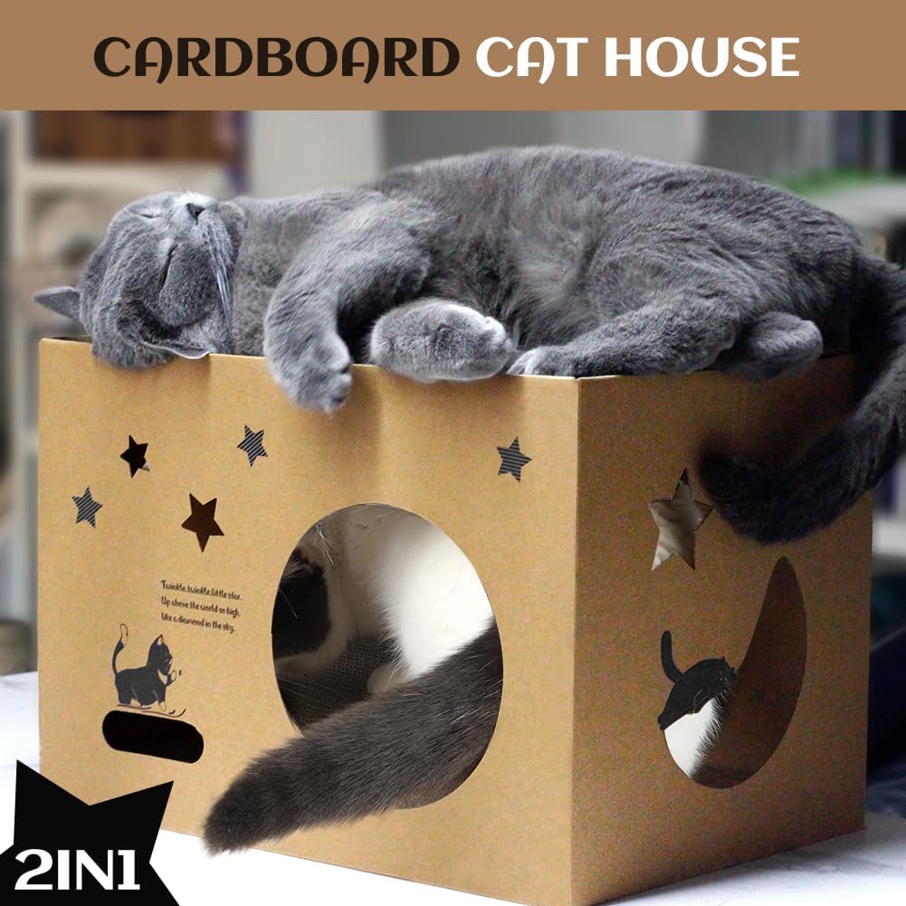 Detalle de ARGOPET Cat Cardboard House with 2 Scratching Pads: a cosy, double-storey hideaway and scratcher for indoor cats