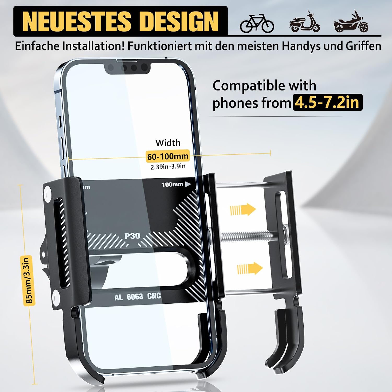 Detalle de DN DENNOV Porta Cellulare Bici: supporto in alluminio con rotazione a 360° e fissaggio universale 60–100 mm