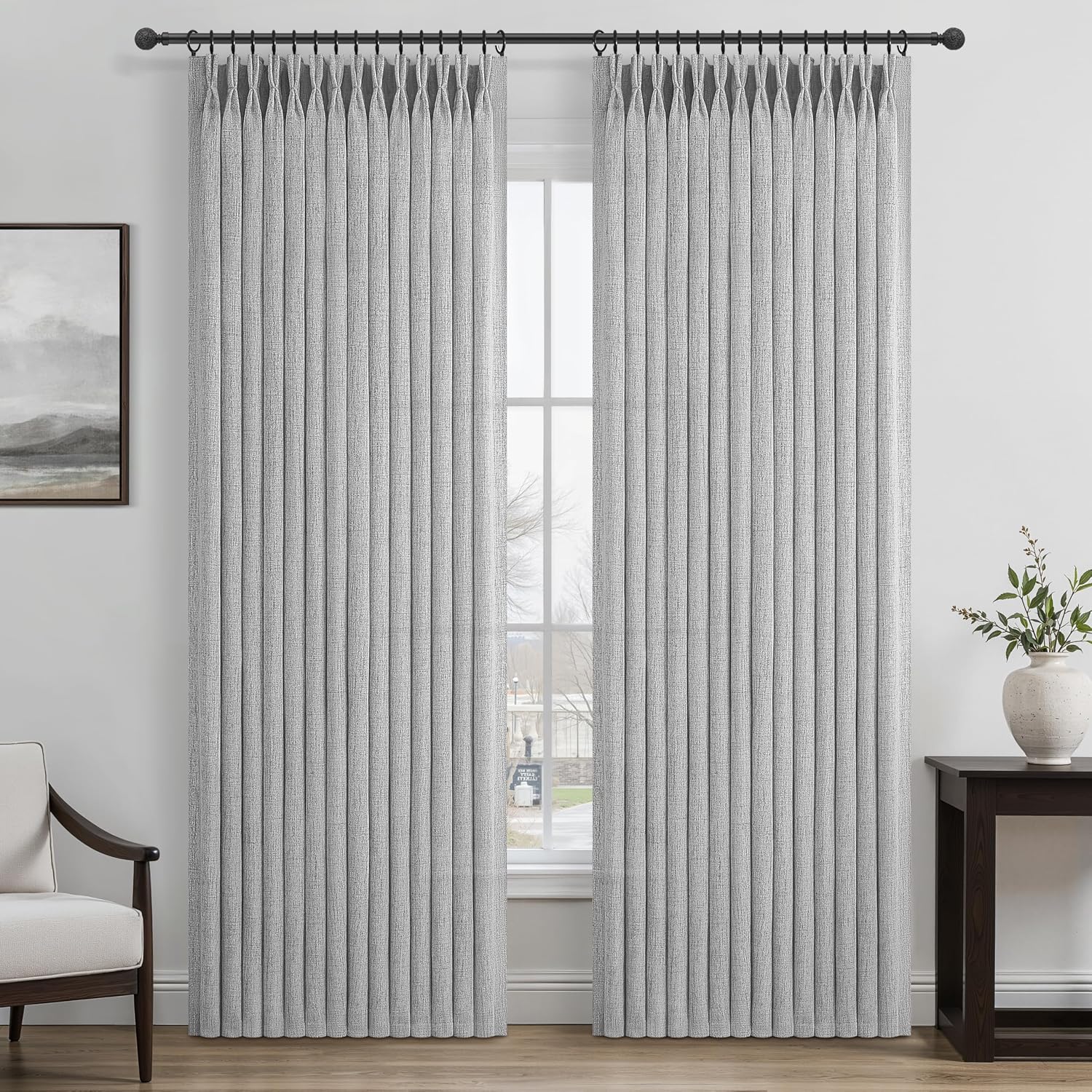 Detalle de Unique Light Grey Pinch Pleat Thick Natural Linen 86 Inch Curtain Set (2 Panels) with Memory Pleats and Back Tab