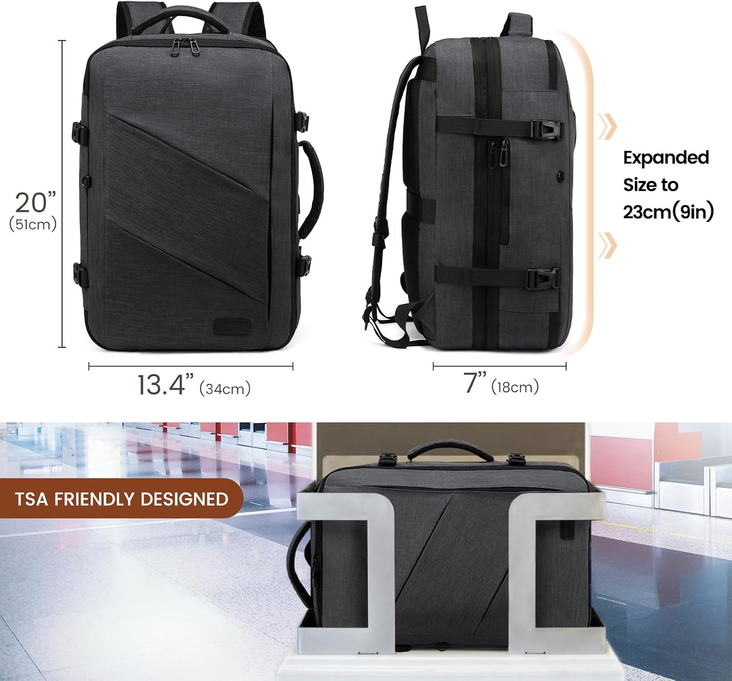 Detalle de LOVEVOOK Reiserucksack als Flugzeug-Handgepäck mit Laptopfach für 17,3 Zoll, erweiterbar (Grau) – 30–40 l