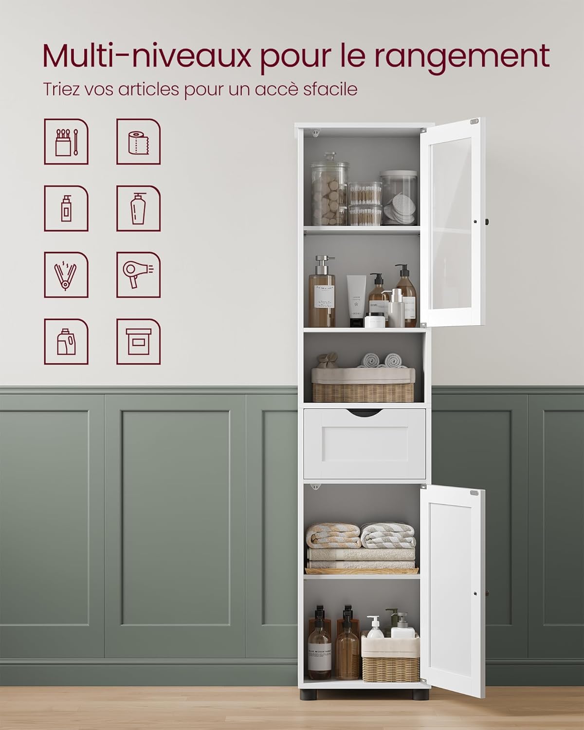 Thumbnail 3 de VASAGLE Meuble de salle de bain colonne blanc nuage BBK163W01 : rangement vertical avec étagères réglables