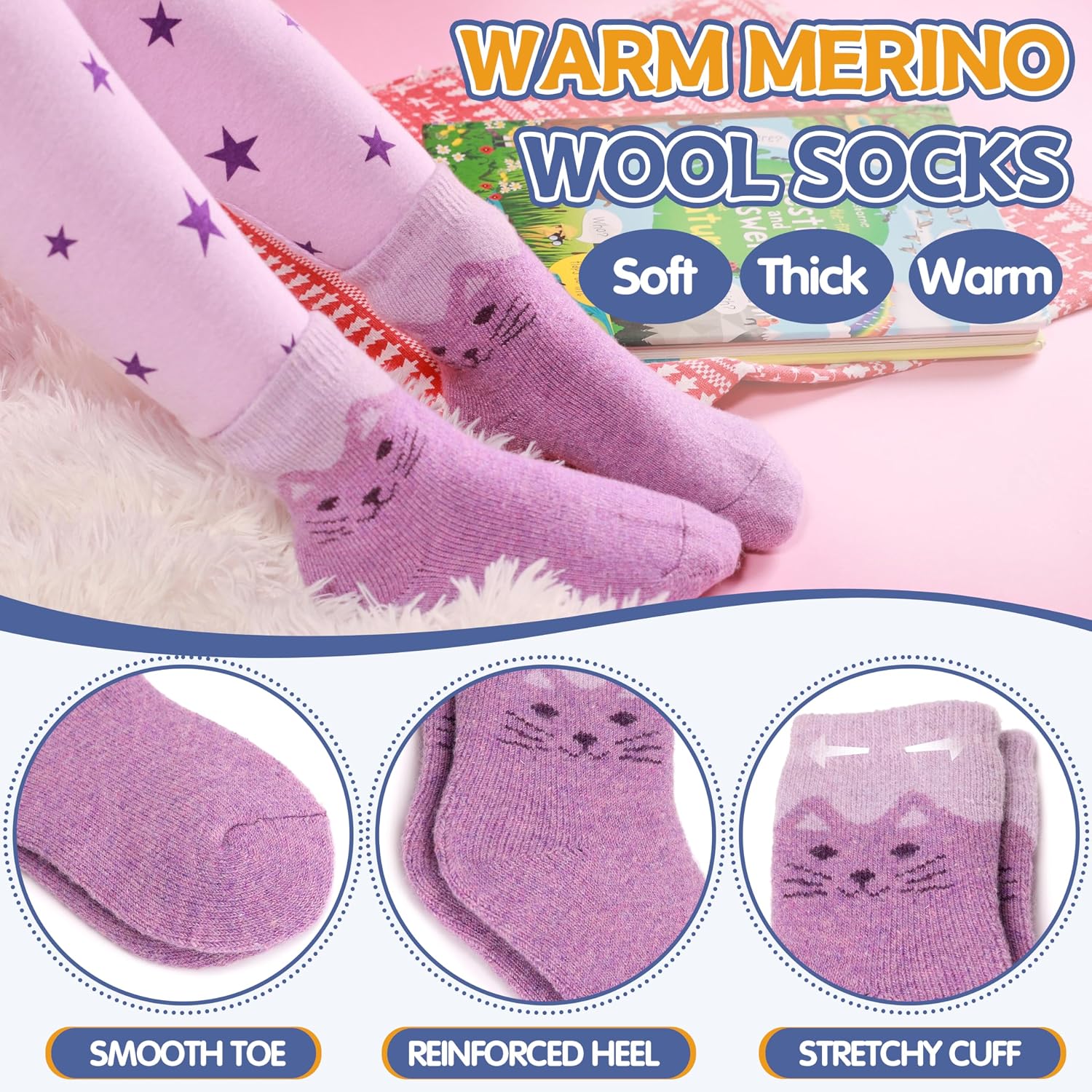 Detalle de ANTSANG Kids Merino Wool Hiking Socks, 6-Pair Crew Boot Socks
