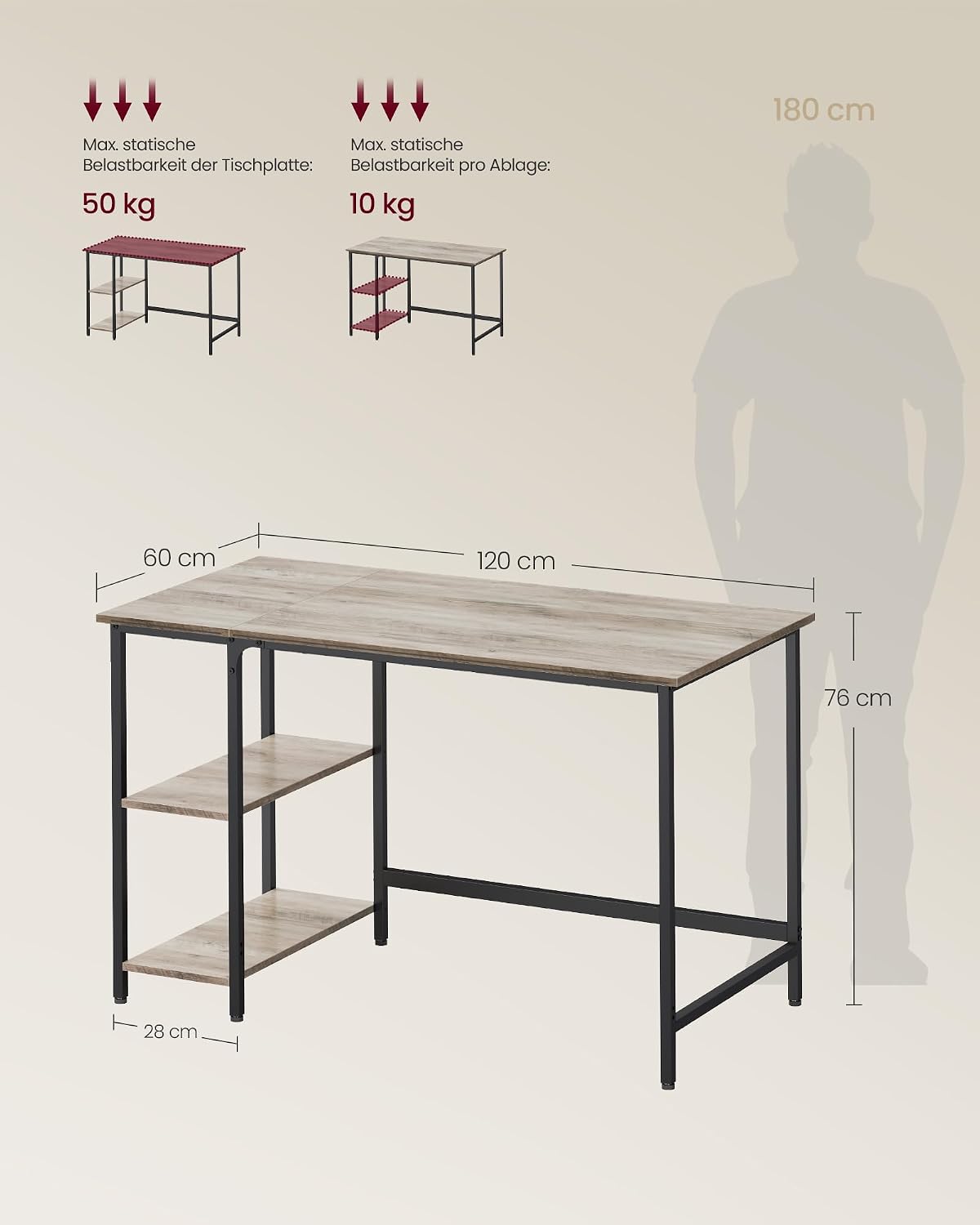 Detalle de VASAGLE Tisch LWD47MB – Computertisch, 120 x 60 cm, Greige-Schwarz