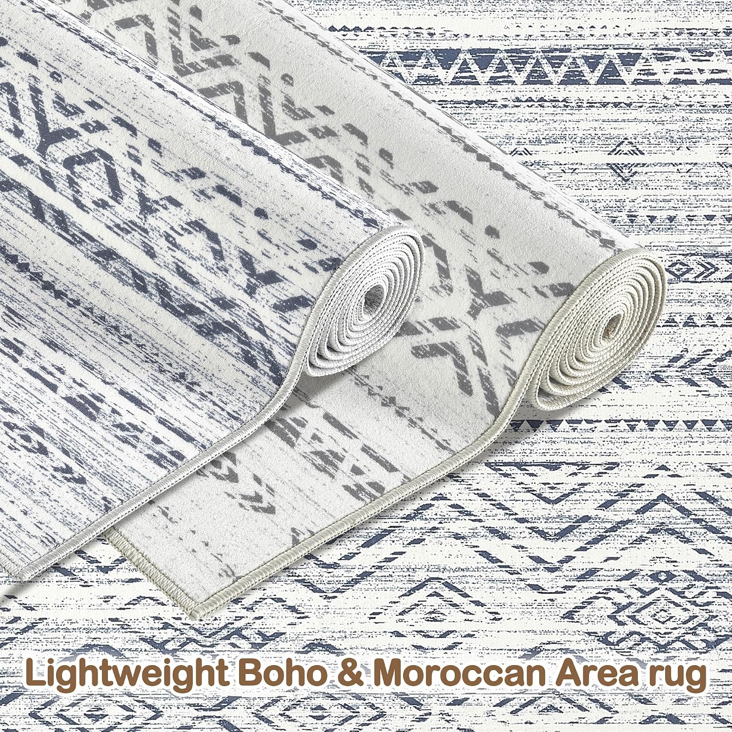 Detalle de Tortania 7x9 Washable Area Rug: Soft Dark Blue Boho Moroccan Style for Living Room & Beyond