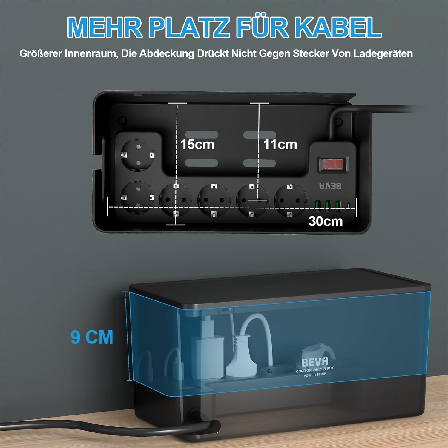 Thumbnail 2 de Kabelbox mit versteckter Steckdosenleiste 3680W/16A + 1050J Überspannungsschutz, 2m Kabel, 6 Steckdosen + 3 USB-A + 1 USB-C (15W) – BEVA
