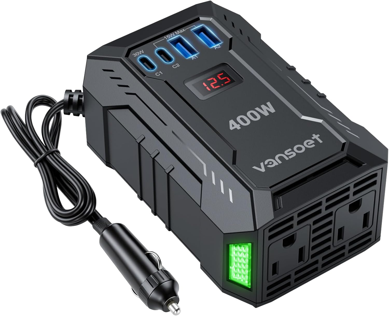 Detalle de 400W Car Power Inverter (DC 12V to 110V AC) with 30W/15W USB-C, 2 USB-A & 2 AC Outlets