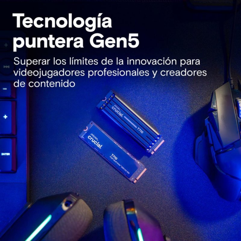 Detalle de Crucial T710 1 TB SSD M.2 PCIe 5.0 – lectura 14.900 MB/s, escritura 13.700 MB/s