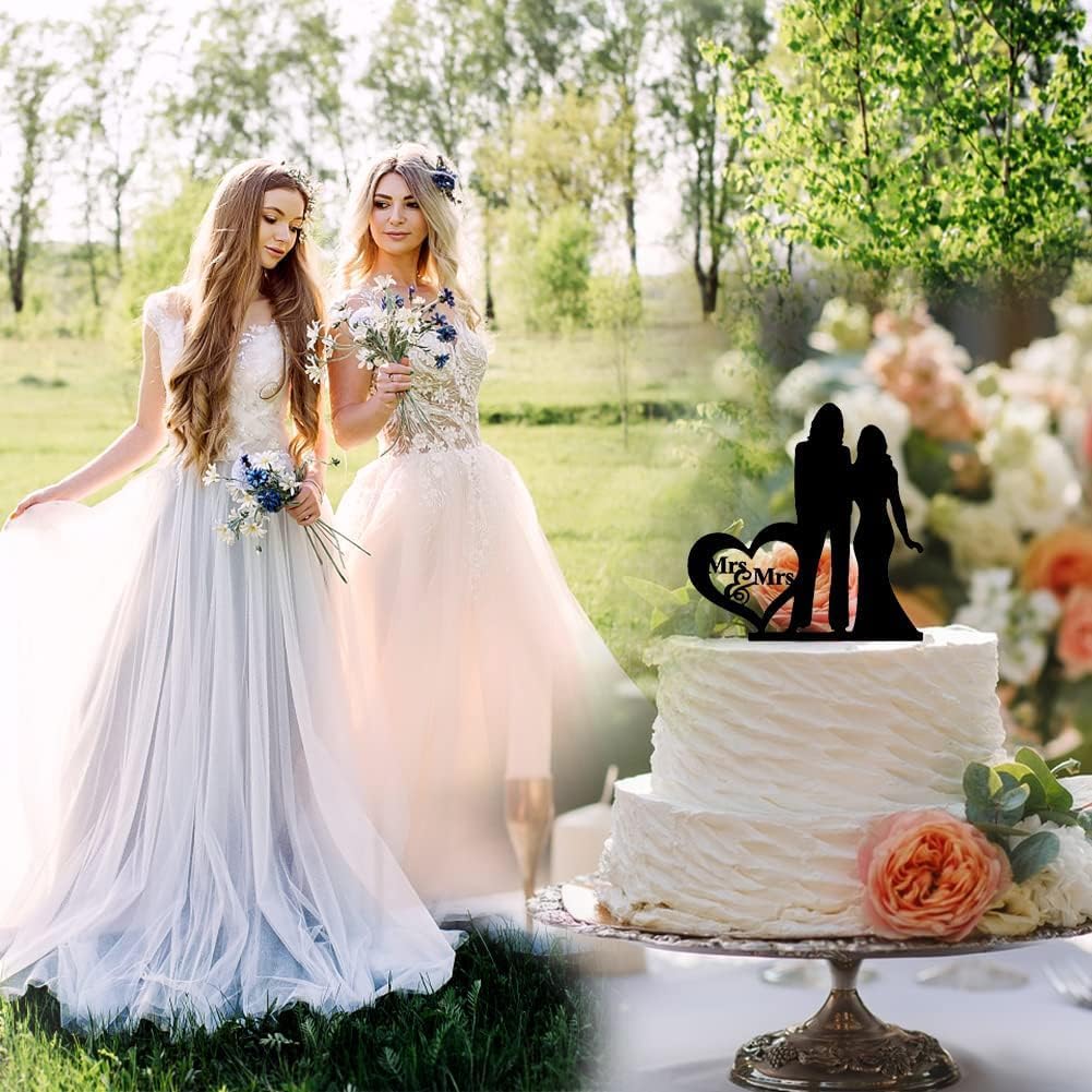 Detalle de Mrs & Mrs Cake Topper: Black Acrylic Lesbian Wedding Cake Deco (7.0 × 10.2 in)