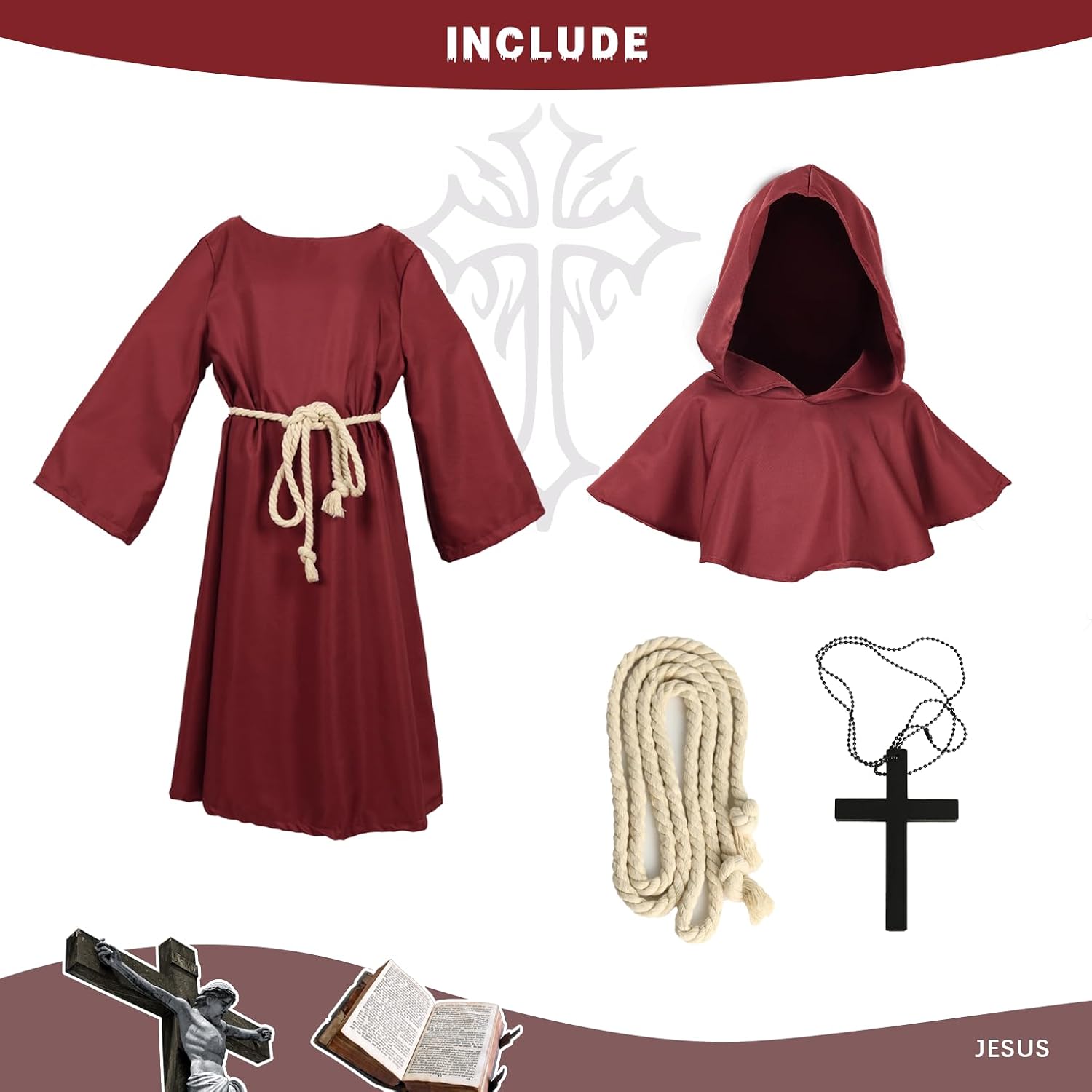 Detalle de VZQI ZQ124US3 Kids’ Medieval Monk Robe with Hooded Shawl and Cross Necklace
