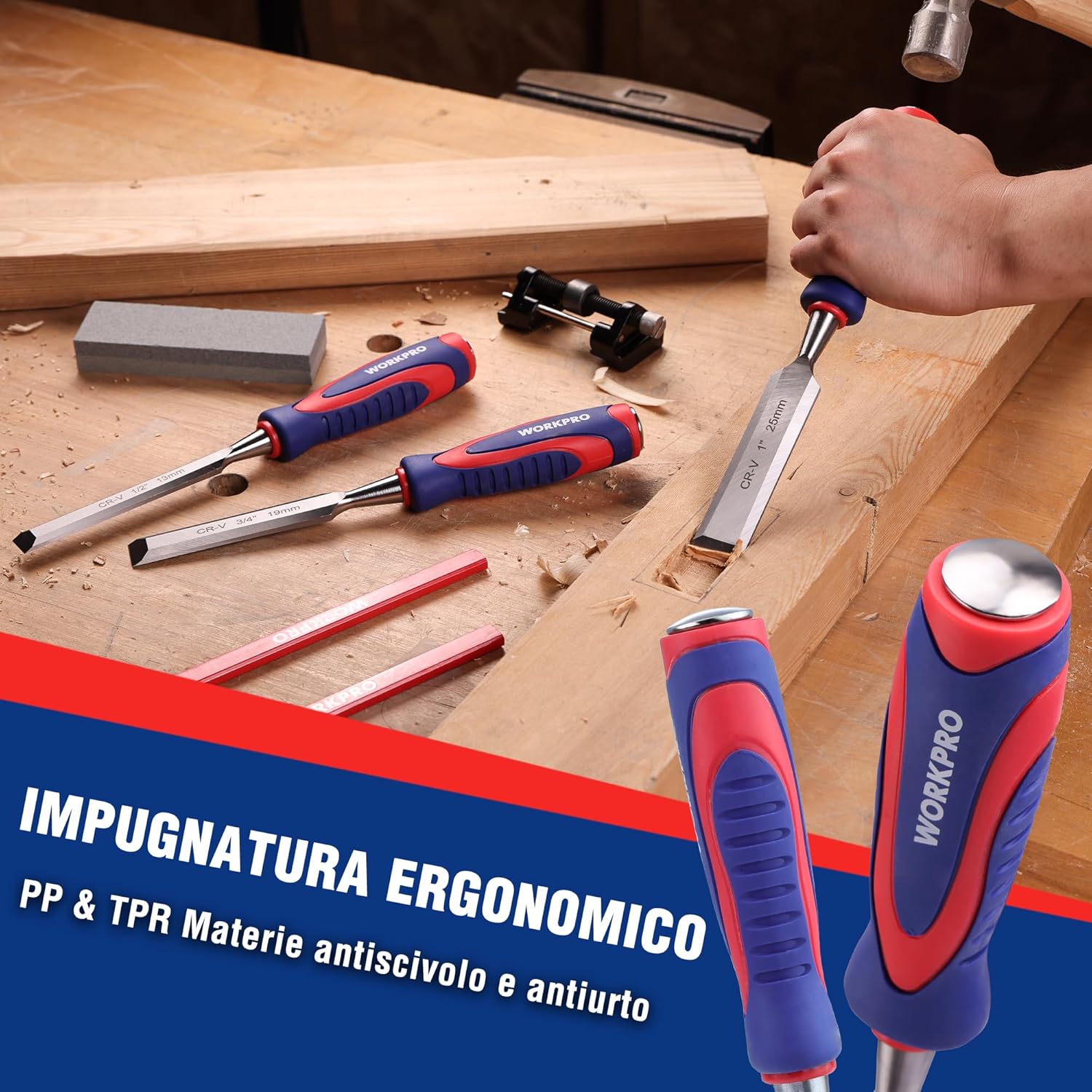 Thumbnail 3 de WORKPRO Set scalpelli per legno professionale da 10 pezzi con custodia (6 scalpelli 6/13/19/25/32/38 mm, affilatura inclusa)