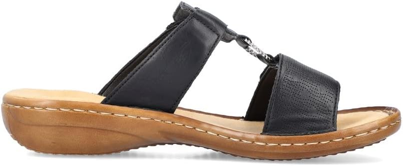 Detalle de Rieker Damen Pantoletten 60885 – Keilabsatz-Slipper mit Klettverschluss, schmale Weite